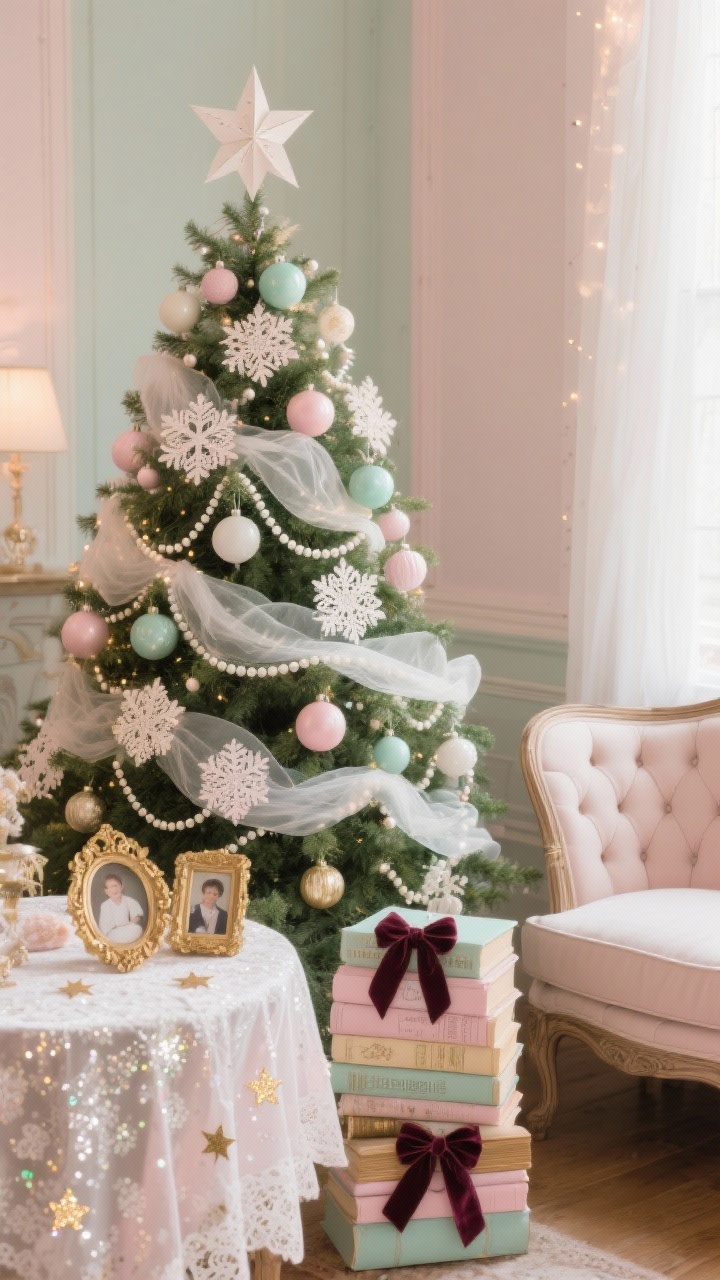 Medium closeup, photorealistic: A vintage storybook parlor vignette in soft pastels. A Christmas tree dressed with delicate paper doily snowflakes, pastel ball ornaments (blush, mint, ivory), pearlescent bead garland, and a cascading sheer ribbon like tulle; topped with a refined paper star. At the base, a lace tablecloth serves as the skirt with scattered glittered stars. Beside the tree, a tufted loveseat and an antique-look side table stacked with vintage-look books wrapped in pastel paper and tied with velvet ribbon bows. Mini gold-painted picture frame ornaments hold tiny family photos. Colors: blush, mint, ivory, champagne gold. Lighting: soft, dreamy glow for a whimsical, nostalgic mood. Angle: three-quarter perspective focused on tree decor and side table details.