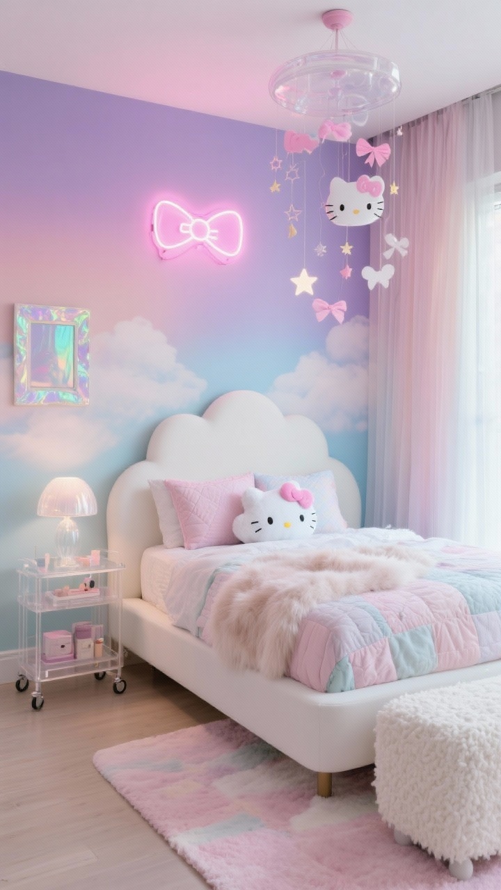Medium corner angle: A dreamy pastel cloudscape bedroom featuring an ombre wall drifting from lilac to blush to baby blue behind a low-profile white platform bed with a cloud-shaped headboard. The bed is piled with pastel quilts, faux-fur throw, and a Hello Kitty cloud cushion. Above the bed, a neon pink bow light glows; a whimsical ceiling mobile with mini stars, bows, and Kitty silhouettes hangs overhead. A translucent acrylic rolling cart holds bedtime essentials beside a white boucle storage bench at the foot of the bed. Gauzy curtains filter soft light; a frosted table lamp sits on the cart; an iridescent picture frame gleams on the wall. Pastel gradient rug on the floor. Photorealistic, soft-sparkle ambience.