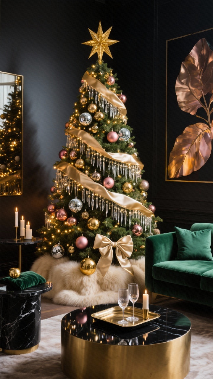 Medium corner angle: A full, lush Christmas tree blazing with warm champagne lights, dripping with glass icicles, mirrorball ornaments, and glossy metallic spheres in gold, rose gold, and smoke. Oversized gold starburst topper; narrow satin ribbon garland cascading in long tails; plush cream faux fur tree skirt and a few oversized satin bows. Scene set with an emerald velvet sofa, round brass coffee table, glossy black lacquer tray holding coupe glasses and candles. Matte counterpoints: black marble side table, velvet pillows, abstract art with metallic leaf. Dramatic, moody lighting with rich reflections, jewel-box feel, photorealistic, no people.