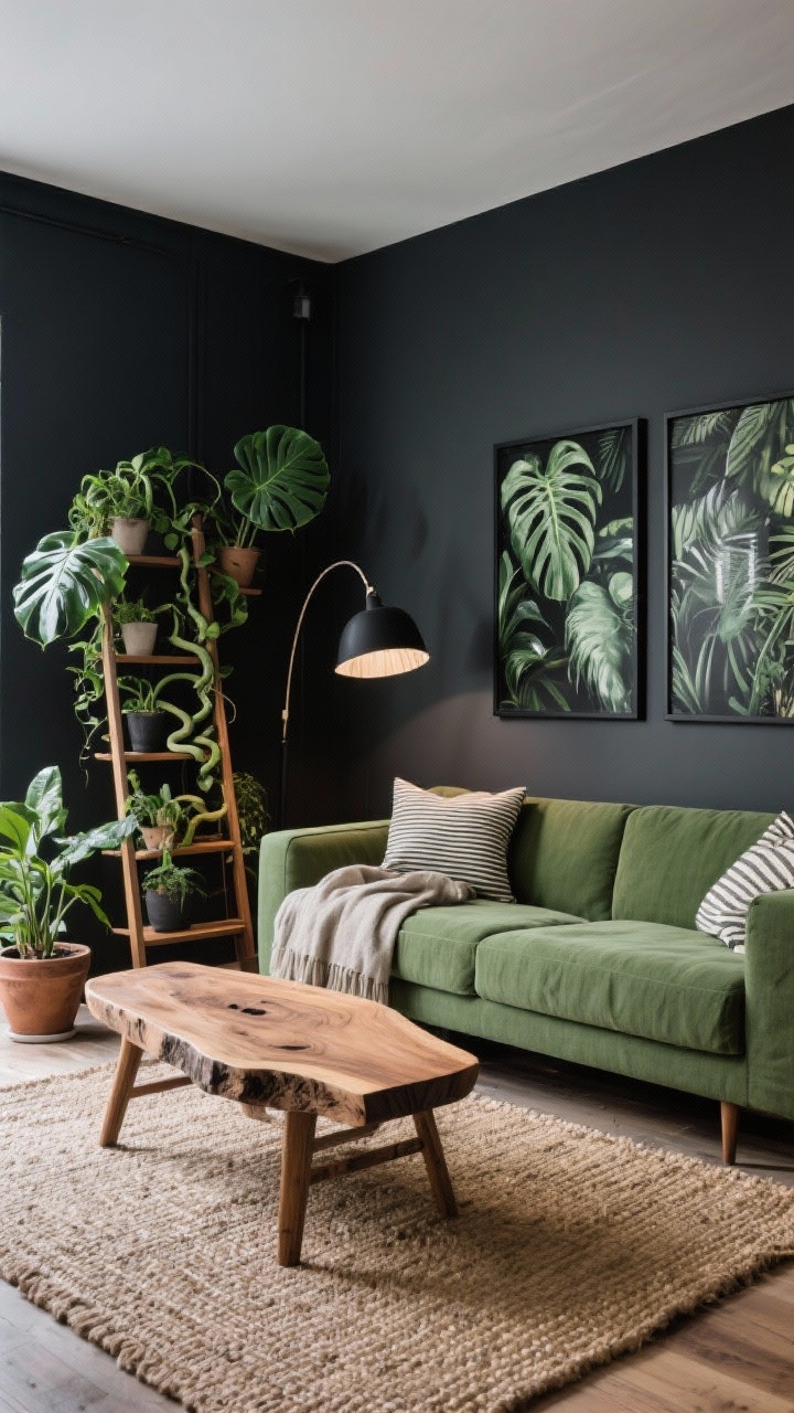 Medium corner angle: A moss-green linen sofa set against a moody charcoal accent wall, layered with linen throws and striped cushion covers. Live-edge wood coffee table atop a natural jute rug. Ladder-style shelf filled with monstera, trailing pothos, and snake plants; additional potted greenery nearby. Artwork in black metal frames for an urban edge. Matte black arc lamp with a linen shade provides soft, focused light. Warm oak and black accents visible. Photorealistic urban jungle vibe with earthy textures.