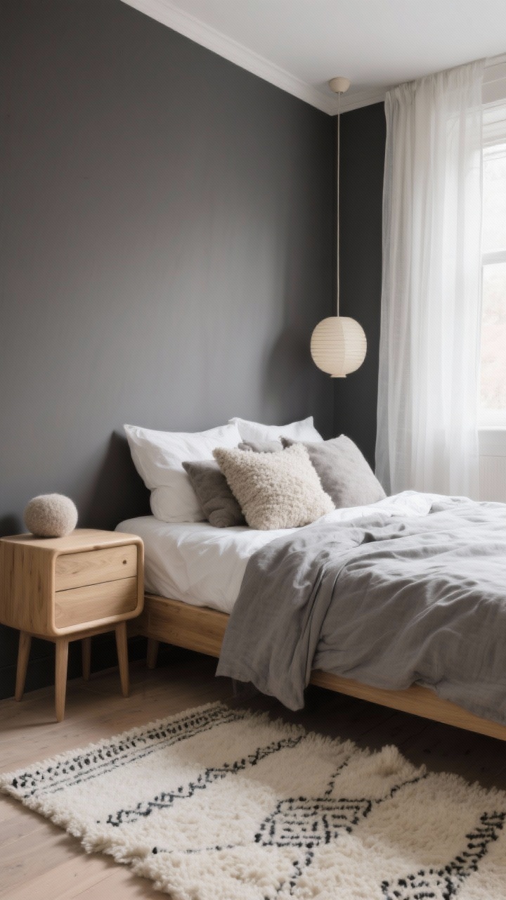 Medium corner angle: A soft Scandinavian cocoon bedroom with warm dark grey (greige-leaning) walls, blond oak furniture with rounded edges, rounded Scandi nightstands with tapered legs, a bed dressed in stonewashed linen—dove grey duvet, cloud-white sheets—and a pile of nubby wool and bouclé pillows; gauzy sheer ivory curtains filtering daylight, a cream Moroccan-style shag rug, and a simple paper lantern pendant; palette of warm charcoal, blond oak, ivory, soft taupe; soft, diffused natural light emphasizing linen, bouclé, felt, and natural wood textures, photorealistic.