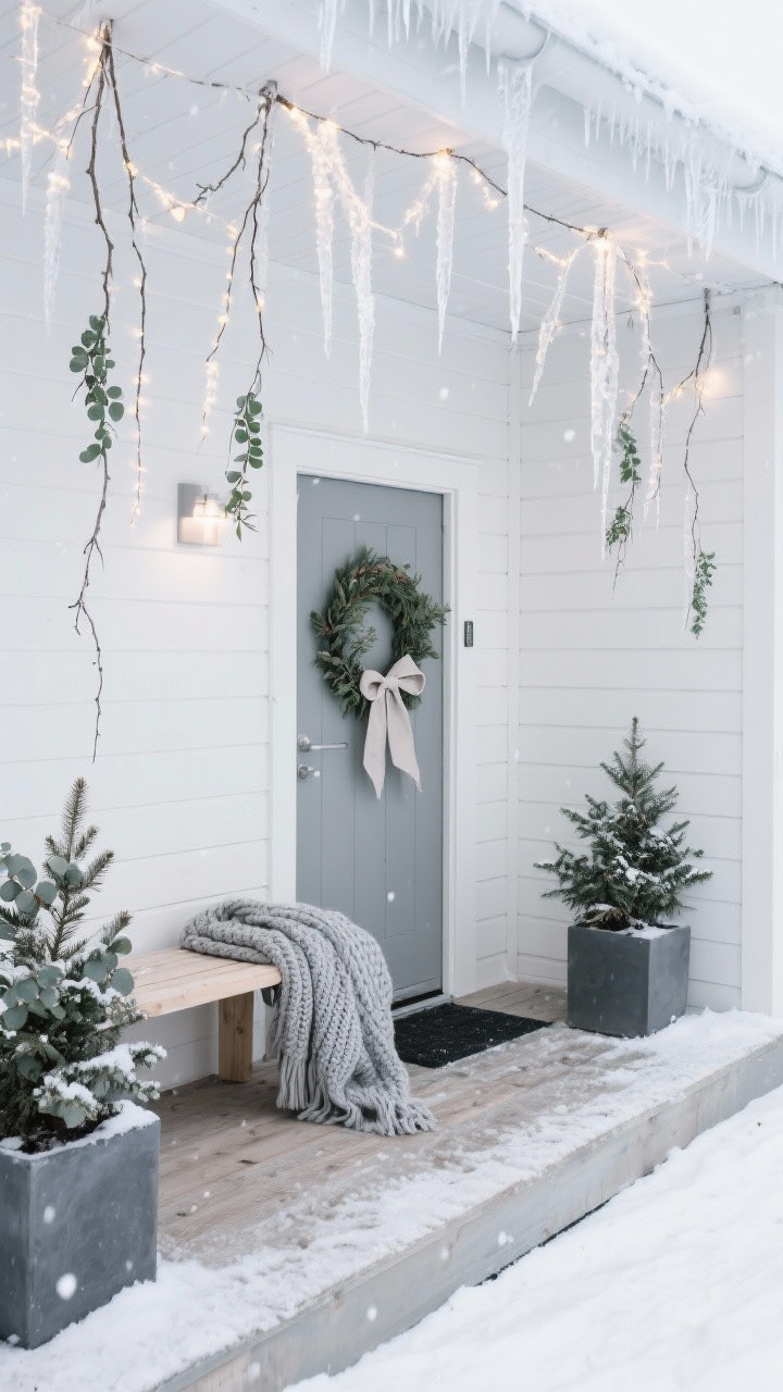 Medium, corner-angle exterior shot of a minimalist Nordic entry: cool-white icicle lights dripping from clean eaves, a few snowfall LED tubes suspended in leafless branches to mimic cascading frost, a bleached wood bench with a chunky knit throw in soft gray, two matte planters flanking the door holding potted spruce lightly dusted with faux snow, and a matte eucalyptus wreath with a simple linen bow on the door; palette of cool white, soft gray, natural wood, eucalyptus green; serene, calm glow with a mix of slow-twinkle and steady lights.