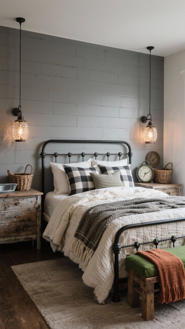 Medium corner angle, modern farmhouse cozy: warm grey shiplap accent wall behind bed, black metal bed frame piled with cotton quilts and textured throws, checked and striped pillows in charcoal and cream. Weathered wood nightstands and dresser showing grain, seeded glass pendants/lantern-style sconces, woven baskets, galvanized tray, vintage clock. Touches of olive green or rust in a throw or bench cushion. Soft evening glow, photorealistic, inviting.
