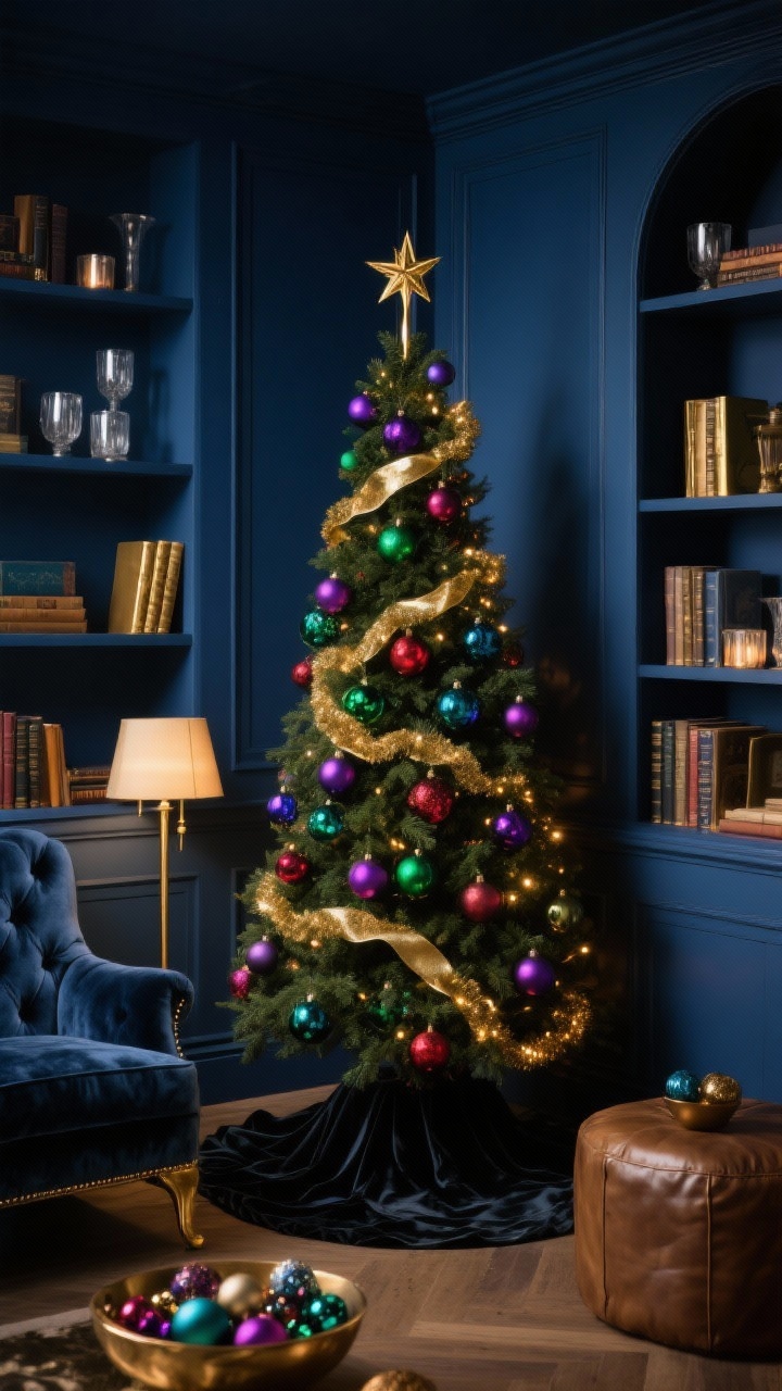 Medium corner angle, Moody Velvet Library With Jewel-Tone Glam: A narrow Christmas tree in a cozy library corner against ink blue walls and built-in shelves. The tree drips with jewel-tone ornaments—emerald, amethyst, ruby, sapphire—accented with antique gold; luxe velvet ribbon spirals instead of garland; topped with a slim antique brass star; black satin tree skirt pooling at the base. Layer dimmable warm LEDs deep within branches for dramatic depth. Surroundings include a tufted velvet armchair, brass floor lamp, leather ottoman. Shelves styled with brass bookends, mercury glass votives, and a bowl of jewel-tone ornaments. Low, moody evening lighting, old-world lounge ambiance, photorealistic.