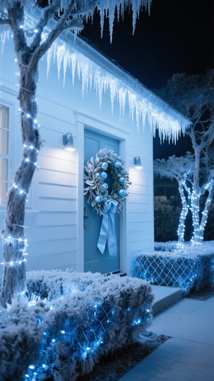 Medium, corner-angle nighttime exterior of a coastal-style home with cool-white icicle lights cascading from the eaves in staggered lengths, hedges covered in blue-tinted net lights for a frozen-lagoon effect; trees highlighted with cool-white wrap lights up the trunk and into branches; front door features a frosty wreath of silver eucalyptus, pale blue ornaments, and a satin ribbon catching the light; subtle blue floodlights washing the facade in a glacial glow; color palette cool white, icy blue, silver; crisp, icy, dramatic mood, photorealistic.