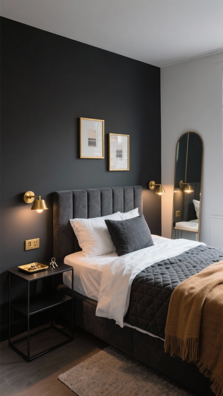 Medium corner angle of an “Urban Nook” setup: a moody charcoal accent wall behind a narrow upholstered bed, crisp layered bedding (white percale sheets, charcoal quilt, camel throw folded at the foot). Slim black-metal wall-mounted bedside shelves instead of tables hold a tiny tray for jewelry and keys. Brass accents throughout—plug-in brass sconces flanking the bed, brass picture frames, and a slender floor mirror with a metallic edge leaning on the adjacent wall. Palette: charcoal, black, white, camel, brushed brass. Evening ambient light with warm sconce glow, photorealistic.