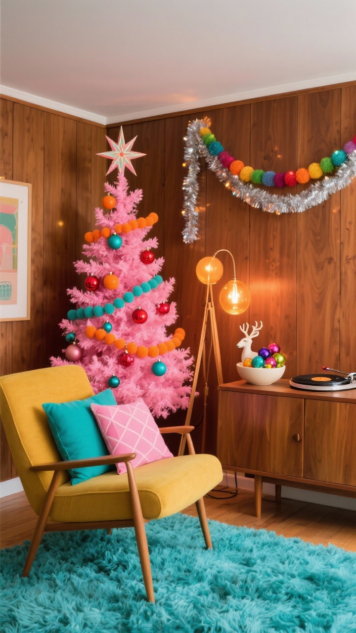 Medium corner angle, photorealistic: Retro bubblegum mid-century den with walnut wood paneling. Bright bubblegum pink tree topped with a retro starburst topper; ornaments in teal, tangerine, and cherry red. Tree positioned beside a low-slung teak credenza holding a vintage record player and a bowl of multicolored glass ornaments. Turquoise shag rug underfoot; mustard lounge chair with tapered legs and geometric pillows in teal and pink. Felt ball garland in playful rainbow tones draped across the tree and credenza, vintage aluminum tinsel accents twinkling, small ceramic deer figurine. Warm amber bulbs in a tripod floor lamp for cozy, mid-century glow. No people.