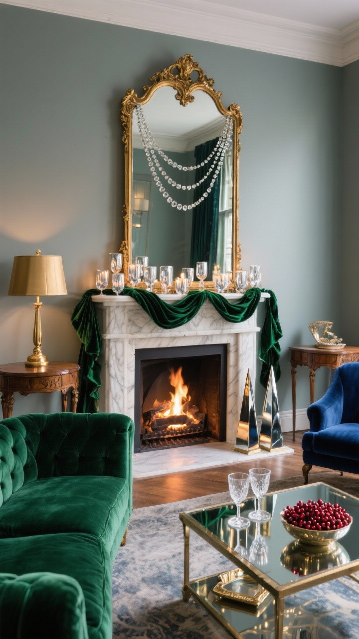 Medium corner-angle photorealistic scene of a glam living room mantel dressed for Old Hollywood: a tall antique-style gilded mirror over the fireplace reflecting layered greens threaded with velvet ribbons and a crystal bead strand. Arrange mercury glass votives twinkling across the mantel. Color story is deep emerald, ink blue, and champagne metallics. In front, a plush emerald velvet sofa faces the fire; a low glass coffee table holds a mirrored tray with coupe glasses and a bowl of sugared cranberries. Include vintage wood side tables, velvet accent chairs, a brass floor lamp, and a pair of slim mirrored obelisks on the hearth bouncing firelight for moody, luxurious glow.