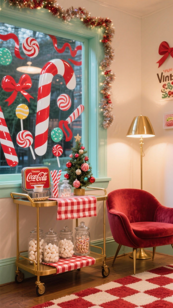 Medium corner-angle photorealistic scene “Vintage Candy Shop Sparkle”: glossy window paint motifs of bold candy canes, gumdrops, and ribbon curls in cherry red, peppermint white, and mint on the glass; a retro bar cart beneath the window styled as a hot cocoa station with glass apothecary jars of marshmallows, striped paper straws, a vintage tin sign; a red-and-white gingham runner on the cart; a small tabletop tree with glass baubles and candy-shaped ornaments; nearby a curvy accent chair in cranberry velvet, brass floor lamp, tinsel garland sprinkled around the window frame; checkered rug like a soda fountain; warm cozy interior lighting with subtle reflections on glossy paint and brass, playful nostalgic vibe, no people.