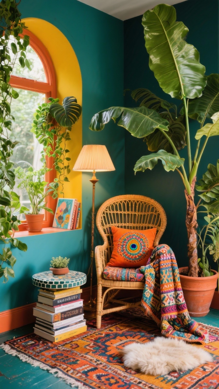 Medium corner shot, Boho Maximalist Nook: A vibrant small nook with a bold kilim rug, an arched floor lamp, and lush plants—monstera, trailing pothos, and a large rubber tree in a terracotta pot. A dramatic peacock-back rattan accent chair angled in the corner, draped with a patterned throw and topped with a bright embroidered cushion. Add a low mosaic side table with a stack of art books; optional small sheepskin or kantha quilt layered for texture. Color story of spiced orange, curry yellow, teal, and deep green. Natural light with cozy ambient glow from the lamp, photorealistic, no people.