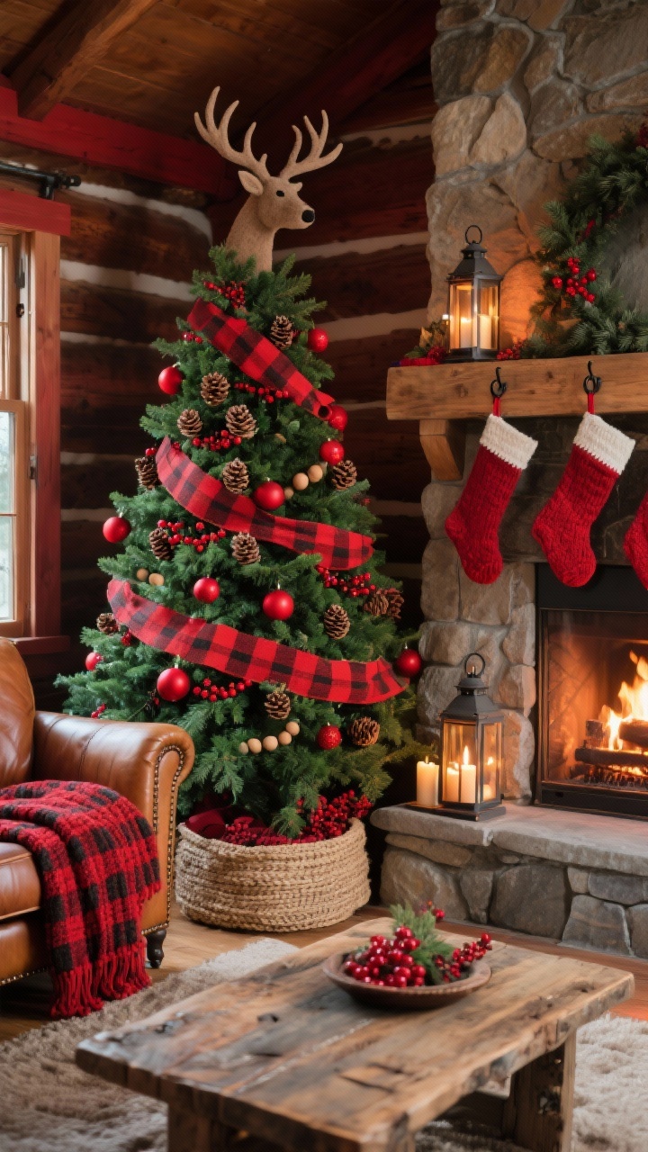 Medium corner shot, Cozy Cabin Red With Plaid And Pine: A rustic living room corner featuring a classic green Christmas tree splashed with bold red. Tree styling includes red-and-black buffalo plaid ribbon woven horizontally, wooden beads, pinecone clusters, red berries, matte red bulbs, and a felt stag topper. Nearby: a leather club chair with a chunky knit throw, a reclaimed wood coffee table, and a stone-look fireplace with red knit stockings hung on simple iron hooks. Lanterns with faux candles and a woven jute tree collar at the base. Cozy, nostalgic cabin mood with warm firelight and soft shadows, photorealistic, angled from the hearth side.