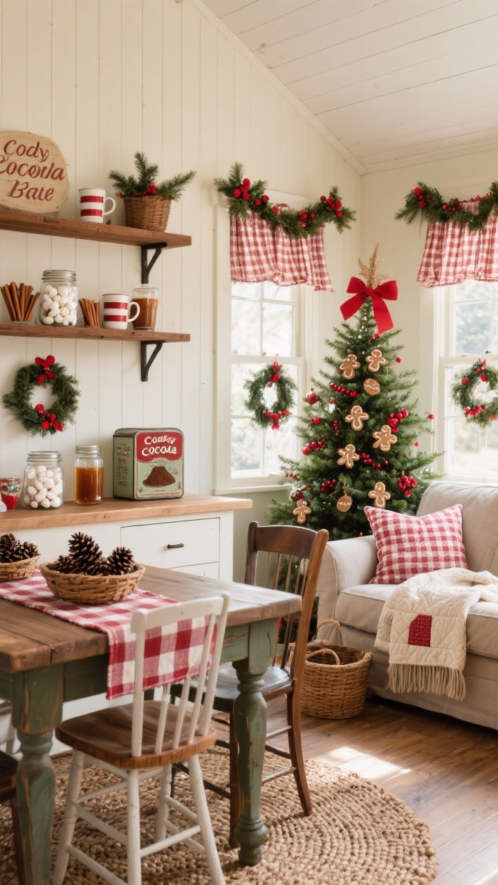 Medium corner shot of a Cozy Cottage Cocoa Bar: soft cream beadboard walls, palette of buttercream, holly red, pine, and warm walnut. Open shelves styled as a cocoa bar with mason jars of marshmallows, striped mugs, caramel syrup, cinnamon sticks, and a vintage tin of cocoa powder. Nearby a farmhouse table with mismatched chairs, checkered table runner, and baskets of pinecones on a braided jute rug. Rolled-arm twill sofa with gingham pillows and a quilted throw in the adjacent nook; windows with ticking-stripe café curtains and small sprig wreaths tied by red ribbon. Homey Christmas tree in background with salt-dough ornaments, red berry picks, and gingerbread garlands. Warm, welcoming, photorealistic afternoon light.