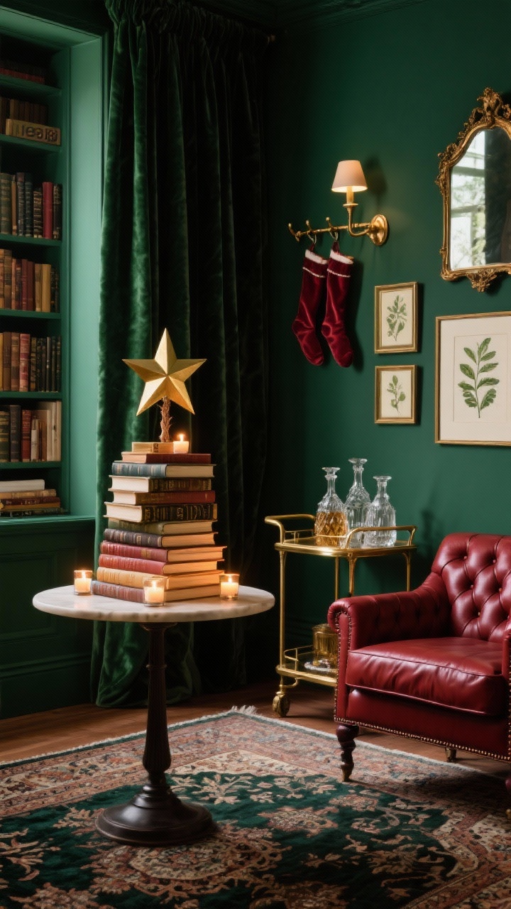 Medium corner shot, photorealistic: A moody library nook with deep forest-green walls and velvet drapes, showing a “tree” made from stacked hardcover books on a petite pedestal table, arranged in diminishing circles and topped with a brass star. Battery tea lights tucked between pages emit a cozy glow. Nearby, a tufted oxblood leather club chair sits on a richly patterned Persian rug. A vintage bar cart with cut-glass decanters and burnished brass accents shimmers beside framed botanical prints and an antique mirror; velvet stockings hang on a wall hook rail. Palette: forest green, oxblood, burnished brass, cream. Warm, intimate lamplight, no people.