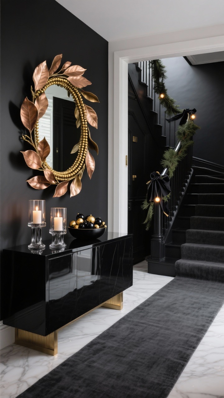 Medium entryway shot, Modern Glam Noir: a glossy black console beneath an oversized gilt mirror wrapped with a sleek magnolia leaf garland, leaves turned to flash their bronze-gold undersides; gold bead strands woven through. On the console, a trio of smoked glass hurricanes with glowing pillar candles and a low bowl brimming with black-and-gold ornaments. A plush charcoal runner on the floor leading toward a black-stained staircase, its railing dressed with minimal cedar roping garland, black velvet ribbon tails, and tiny warm pin lights. Finishes: brass, smoked glass, lacquered black wood, and mirror reflections. Moody, high-contrast lighting, warm white glow against deep shadows. Photorealistic, three-quarter angle.