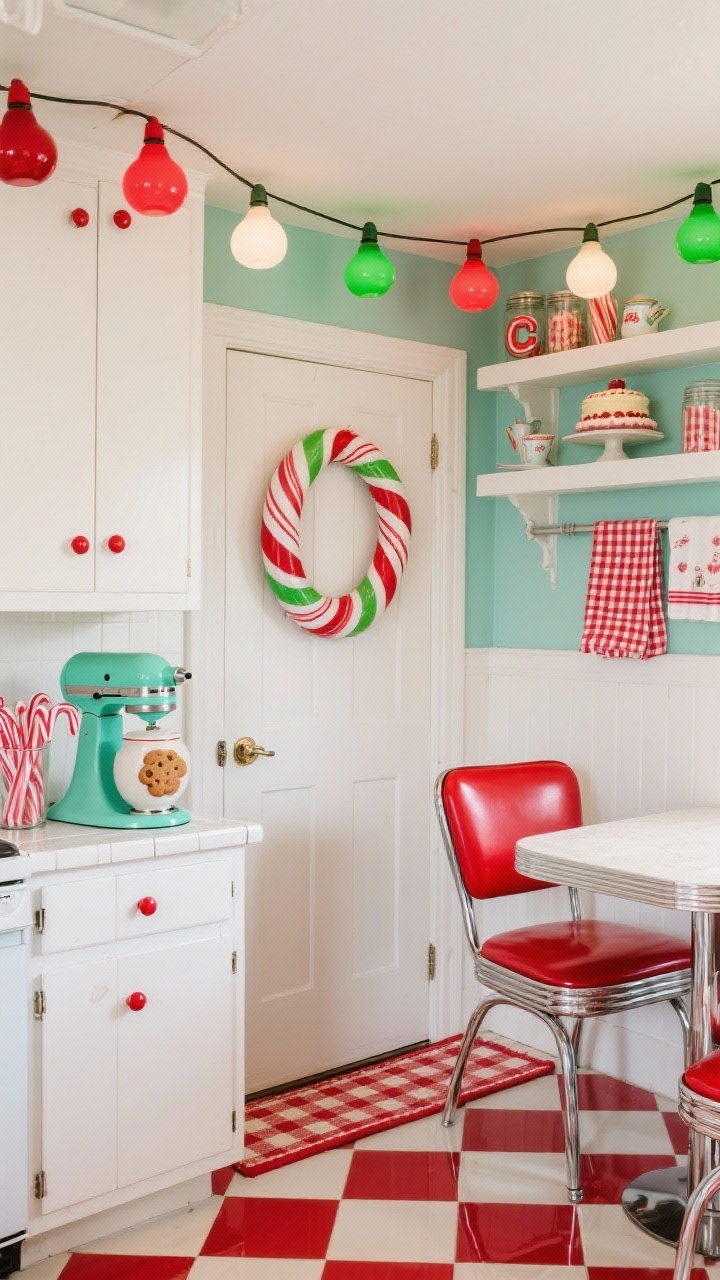Medium kitchen shelf view, straight-on: Candy-stripe retro kitchen with glossy C7 bulbs in red, green, and frosted white looped along open shelves and wrapped around a peppermint-striped wreath on the pantry door. White cabinets with cherry-red hardware, red-and-cream checkered runner on the floor. A mint-green stand mixer and ceramic cookie jar create a vintage appliance vignette. Decor: candy canes in glass jars, gingham tea towels, enamel cake stands. Dinette corner with chrome-edged bistro table and red vinyl seats catching reflections from tile and chrome; cheerful, sweet-shop vibe.