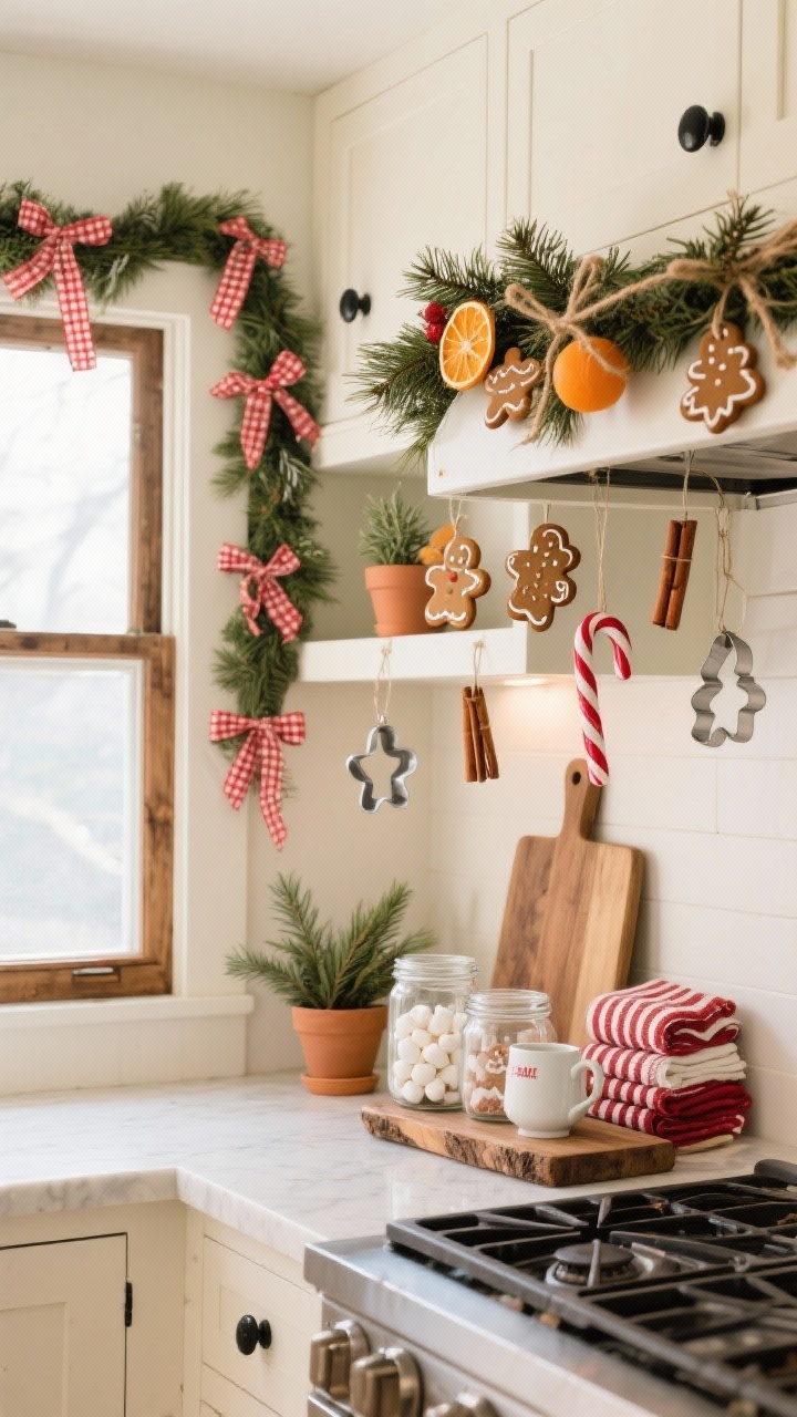 Medium kitchen vignette, Cozy Farmhouse: a creamy white range hood hugged by a spruce-and-cedar garland dotted with twine-tied dried oranges, mini gingerbread cookies, striped candy canes, and cinnamon sticks; accented with red gingham ribbon tails on a simple window garland nearby. Cabinets in creamy white with matte black hardware, slightly aged wood window frames. Open shelves show small terracotta pots of rosemary and a stack of red-striped tea towels. A chunky wooden board creates a hot cocoa station on a clear counter; clear jars of marshmallows and peppermint visible, with a few metal cookie cutters hanging as ornaments from the garland. Warm, practical ambient lighting; cozy, edible décor vibe. Photorealistic, straight-on kitchen angle, ensuring garland kept safely away from heat sources.