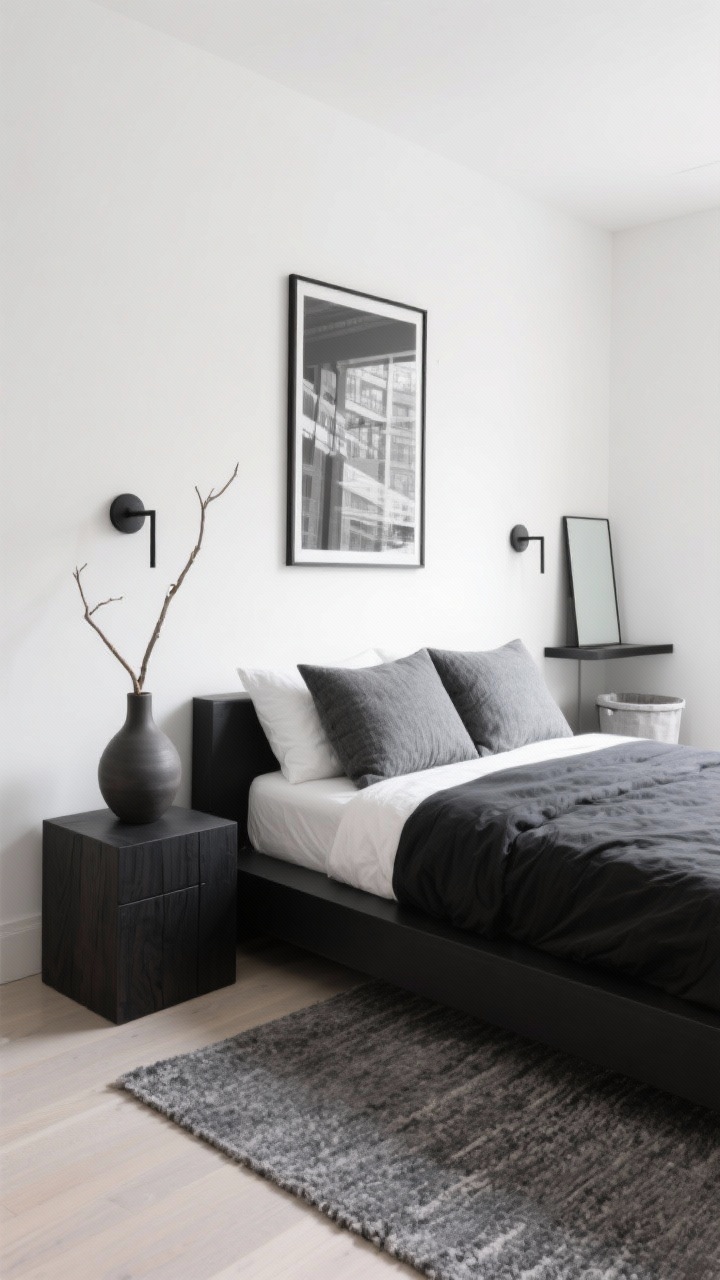 Medium, minimalist composition: Urban minimalist bedroom corner with warm white walls and a low-profile platform bed in matte black. Monochrome bedding: charcoal duvet, white sheets, two oversized Euro pillows in textured gray. Blackened wood cube nightstands with slim linear black sconces overhead. One oversized black-and-white photograph on the wall, flatweave wool rug in graphite beneath. A sculptural ceramic vase with a single branch on a floating shelf, frameless full-length mirror leaning, hidden hamper implied by clean lines. Even, soft daylight, ultra-functional, photorealistic.