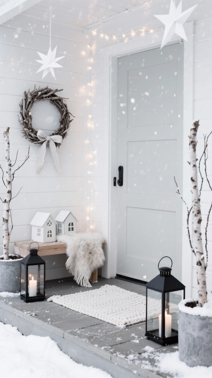 Medium, minimalist corner angle capturing a serene Nordic porch vignette: birch branch wreath on a simple door, monochrome white LED micro fairy lights creating a soft snowfall ambiance; matte black lanterns with candle-style LEDs providing contrast; tall concrete planters with bare branches dusted in faux snow on either side; an ivory knit doormat at the threshold and a sheepskin throw over a minimalist bench. Include paper star lanterns hanging, ceramic houses on the bench, and a linen ribbon wreath detail. Color palette: white, soft gray, black, natural wood. Cool, airy lighting; photorealistic; uncluttered composition.