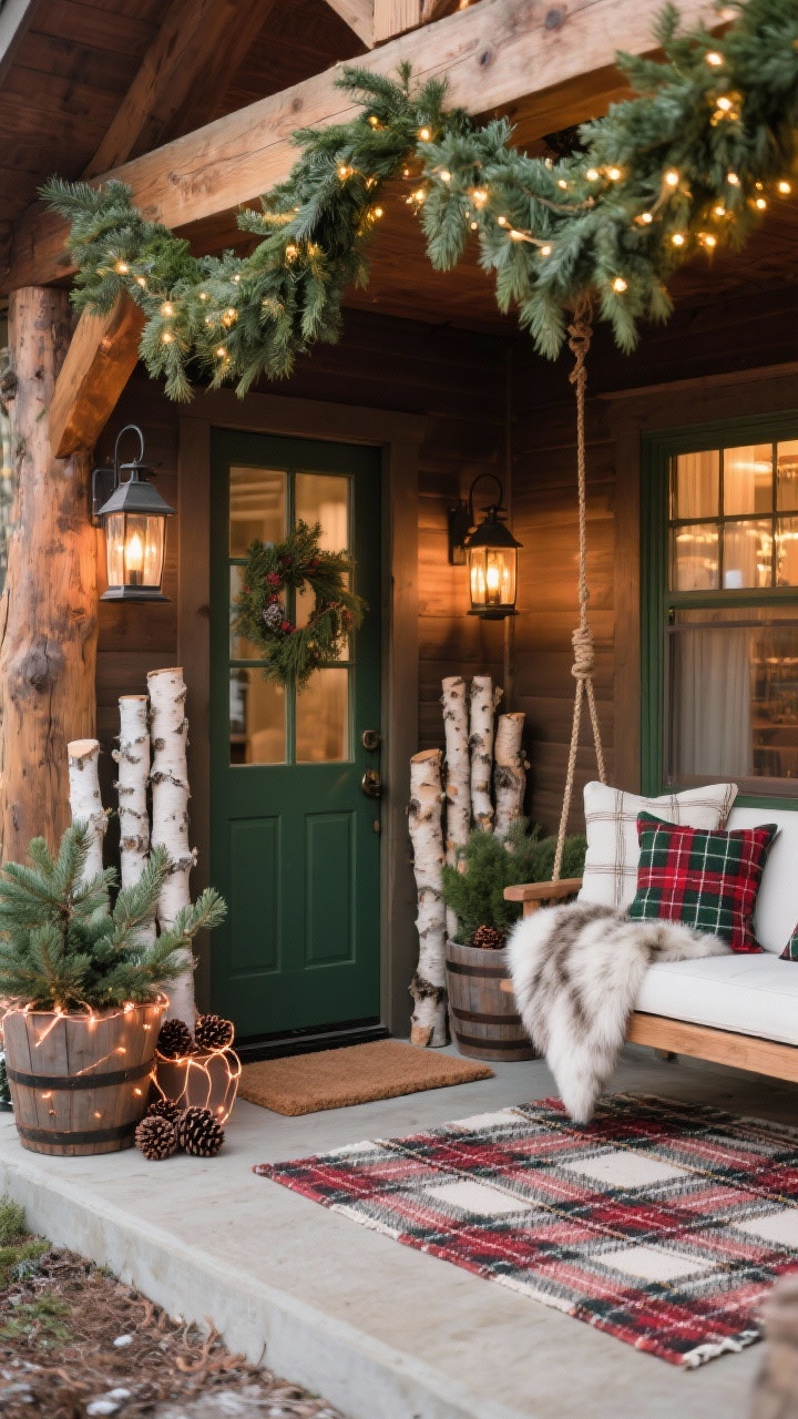 Medium porch vignette of a rustic lodge look: thick cedar garlands draped along a timber porch beam with warm micro fairy lights woven through, iron lanterns at varying heights anchored beside the door by clusters of birch logs, a layered plaid outdoor rug beneath a doormat, two barrel planters filled with juniper and pine accented with pinecones and subtle copper wire lights, and a porch swing styled with a faux-fur throw and outdoor plaid pillows; colors forest green, warm white, plaid red, natural wood; dimmable, cozy glow.