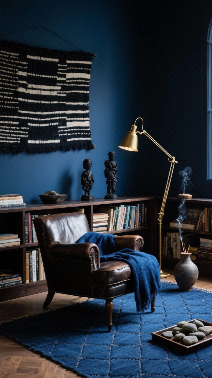 Medium reading corner, Indigo Atelier Reading Room: moody space with rich indigo-painted walls. Vintage leather club chair with an indigo-dyed throw draped over it; low dark-wood bookshelf packed with poetry, art, and travel books. Black-and-ivory mud cloth tapestry mounted behind the shelves for contrast. Brass pharmacy floor lamp with adjustable arm casting focused reading light. Deep blue flat-weave rug with subtle diamond stitch. Accents include carved ebony figurines, a ceramic incense holder releasing a wisp of smoke, and a tray of river stones. Photorealistic, corner angle, cozy evening atmosphere.