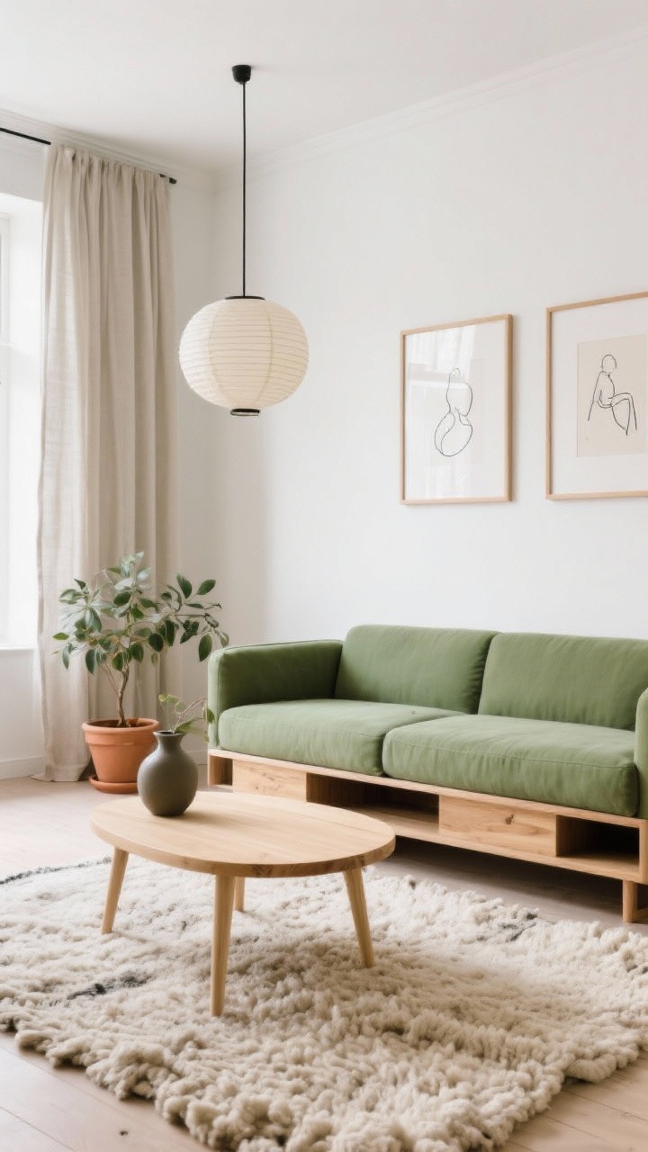 Medium, Scandi sage calm scene: a sage/eucalyptus green sofa on a chunky oatmeal wool rug, warm white walls, soft daylight; a low, rounded-edge blonde wood coffee table; slimline oak media console; long linen curtains pooling slightly; accents include terracotta planters, a paper lantern pendant overhead, matte ceramic vases; palette of sage, oat, sand with a whisper of black; minimal line drawings in light wood frames; airy, serene, photorealistic.