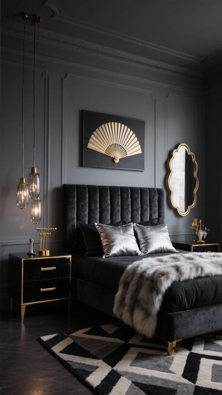 Medium shot, Art-Deco noir drama: smoked grey walls, channel-tufted headboard in graphite velvet, lacquered black nightstands with gold trim. Fan-motif artwork and a scalloped mirror, polished brass or smoked glass lighting fixtures. Lux textiles—satin/silk-look pillows, silver faux-fur throw; geometric rug in black, grey, and cream. Swap-in ribbed gold bar pulls on the dresser. Evening scene with shimmering highlights, photorealistic, glamorous yet grounded.