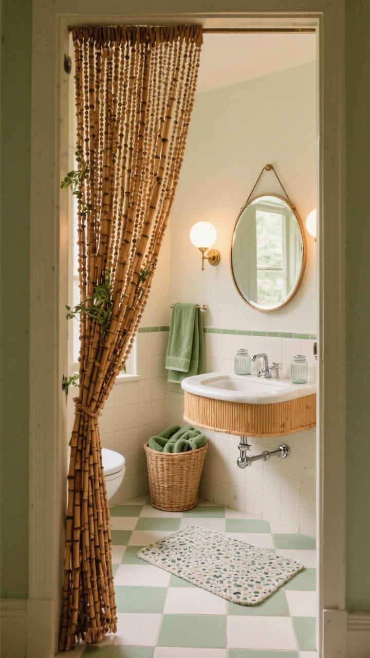 Medium shot, bathroom doorway: denser-strand honey-brown bamboo beaded curtain hanging for privacy while allowing airflow and soft light; inside, cream-and-sage checkerboard tile, a vintage vanity with rounded edges, globe sconces, and a round pivot mirror; towels in eucalyptus green; cane hamper, ribbed glass jars on the vanity, and a terrazzo bath mat; palette of sage, cream, honey, and chrome; gentle, retro-relaxed ambiance with glowy illumination; photorealistic, no people.