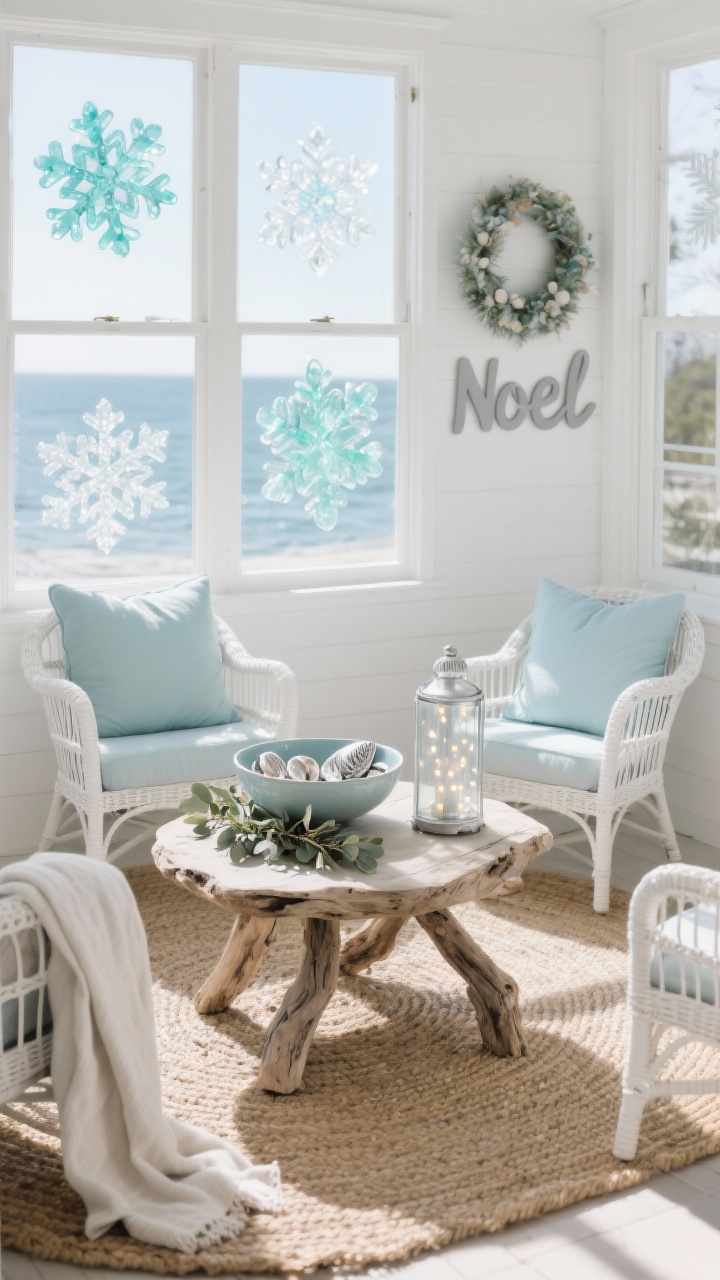 Medium shot, bright sunlit angle: Airy sunroom with white rattan chairs and pale blue cushions circling a driftwood coffee table on a woven jute rug. Windows adorned with translucent sea-glass snowflake clings in soft aqua and mint, a few frosted wreath decals, and a subtle “Noel” in soft grey; sunlight making the flakes glow like jewels. On the table, a bowl of silver-dipped shells; a linen throw and eucalyptus garland nearby; a glass hurricane filled with fairy lights. Color story of seafoam, white, sand, brushed silver; coastal serenity; photorealistic.