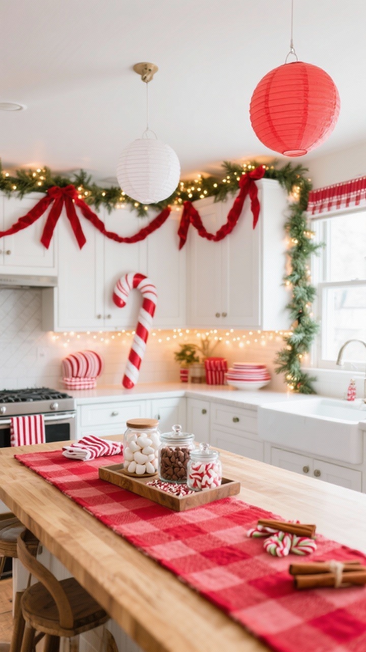 Medium shot, Candy Cane Kitchen Hangout: A bright, cheerful kitchen with white cabinetry, butcher-block counters, and a red check runner down the island. A garland of faux pine runs along the cabinet tops while oversized candy cane props and red-and-white paper lanterns hang from discreet ceiling hooks above the island at safe head height. Red velvet ribbon interlaces with warm twinkle lights through the garland. Under-cabinet lighting and micro LED strands add extra sparkle. Include peppermint-striped dish towels and a cocoa bar tray with jars of marshmallows, crushed peppermint, and cinnamon sticks by the window. Photorealistic, festive and playful, straight-on view.