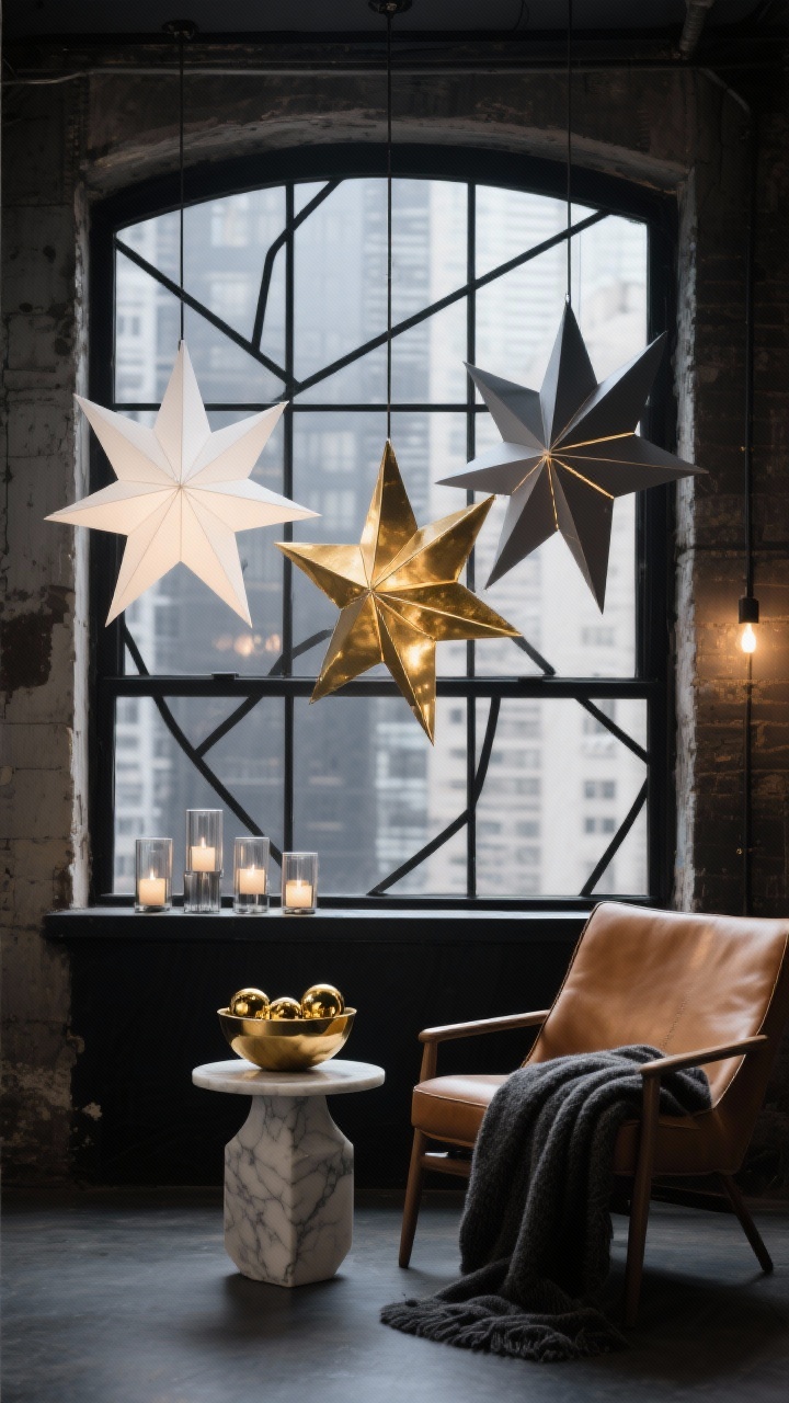 Medium shot, city chic loft window: bare industrial-style windows accented with matte black geometric line decals; three oversized paper star lanterns in matte white, brushed gold, and charcoal suspended at varied heights and lit from within for a dramatic metallic glow; sill clustered with smoked glass votives and a low sculptural bowl of gold ornaments; nearby camel leather chair, charcoal wool throw, and a small marble side table; tight palette of black, white, gold, and warm tan; dimmed ambient lighting plus star lanterns; straight-on modern composition, photorealistic.
