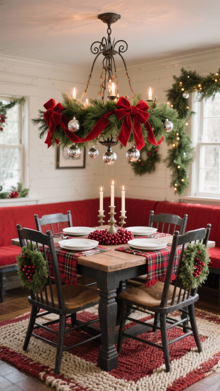 Medium shot, Classic Red & Evergreen Cottage dining nook: wrought-iron chandelier wrapped in full fir garland with red velvet ribbon cascading and bows, a few mercury glass ornaments twinkling; farmhouse table set with tartan placemats, white plates, centerpiece of pillar candles nestled into cranberries; Windsor chairs with mini wreaths on backs; braided rug in cherry and cream; palette deep red, evergreen, cream, charcoal iron; cozy, familiar cottage warmth; photorealistic, no people, straight-on view with soft holiday glow.