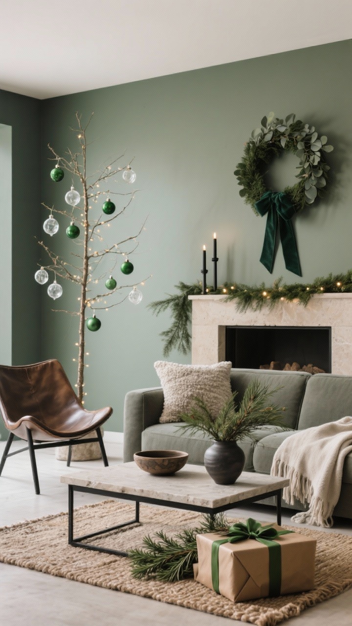 Medium shot, clean architectural angle: Modern minimalist living room in evergreen, charcoal, and soft beige. A slim tree lightly decorated with clear glass ornaments, matte green baubles, and a single deep forest satin ribbon, illuminated by warm micro lights. On the wall, a simple evergreen wreath with a one-sided eucalyptus cascade. A low-profile sectional in stone/greige with a single leather sling chair. Blackened metal coffee table with a pale stone top styled with a sculptural vase and fresh cedar clippings. Textiles include a nubby bouclé pillow, linen throw, and a jute-wool blend rug. Minimal mantel with a hand-thrown ceramic bowl, two black taper candles, and a thin cedar garland. Kraft-wrapped gifts with moss-green ribbon and sprigs of rosemary. Calm, refined, photorealistic.