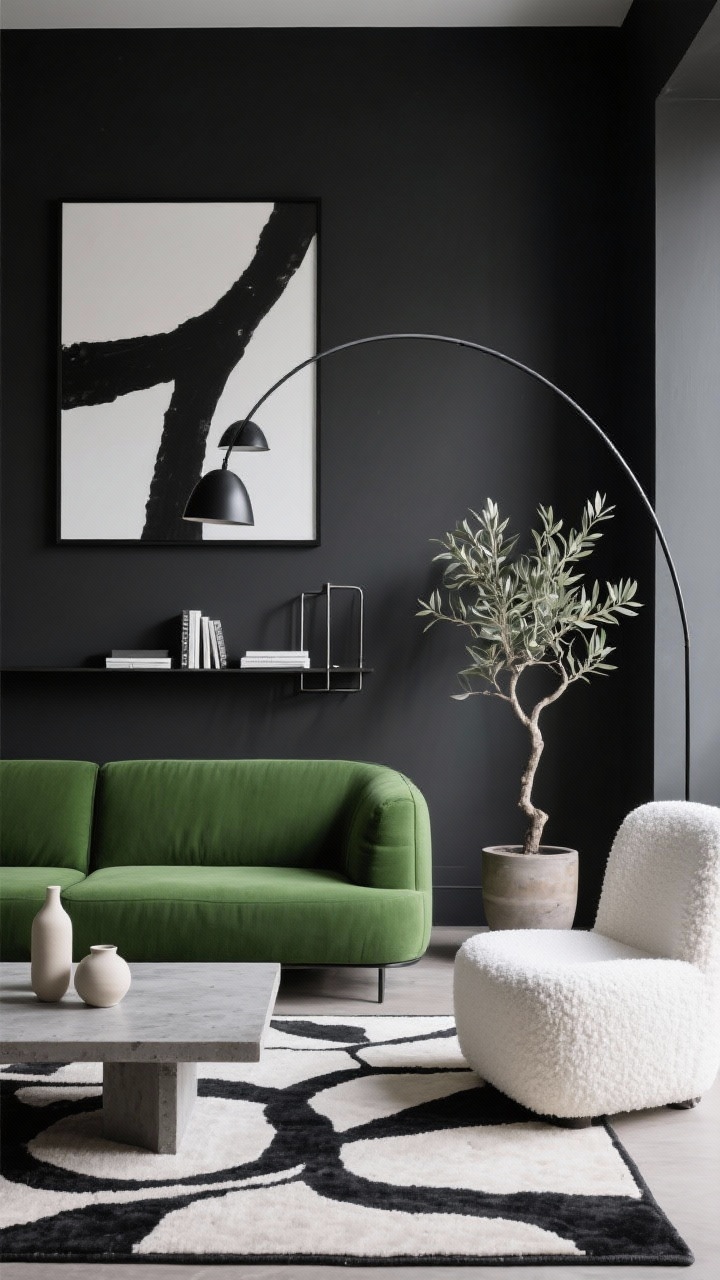 Medium shot, Contemporary Monochrome with Pop Green: charcoal walls with oversized black-and-white art, black metal frames. Clean-lined hunter green sofa as the focal point. White boucle chair adjacent, black-and-white abstract rug on the floor, low concrete coffee table. Minimalist ceramics and steel bookends on a slim shelf; matte black arc lamp curving over the seating. One organic element: a sculptural olive tree in a simple pot. High-contrast, gallery-cool mood, controlled soft lighting, straight-on composition emphasizing sharp lines and negative space, photoreal.