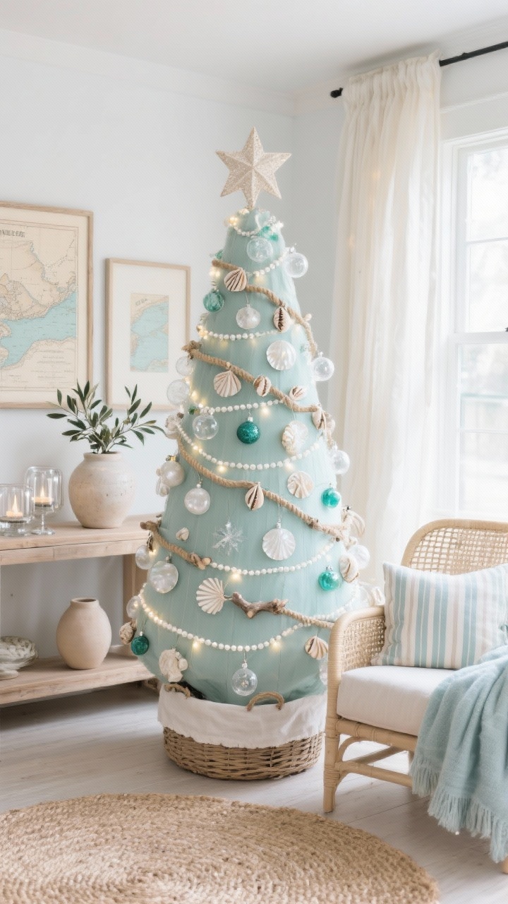 Medium shot, corner angle: A coastal-inspired Christmas tree in seafoam, sand, and pearl tones wrapped in cool-white LED lights, decorated with mother-of-pearl disks, sea-glass colored ornaments, clear bubble baubles, and driftwood star accents. Capiz shell star topper; garland of thin rope with tiny cowrie shells and pearl bead strands. At the base, a linen tree collar/basket on a woven jute rug. Nearby: light rattan armchair, bleached oak console, striped pillows, pale blue throw. Airy room with gauzy curtains, a large ceramic urn with olive branches, framed vintage coastal maps, and mercury glass hurricanes and soft sand-colored ceramics. Soft, serene daylight, photorealistic, no people.