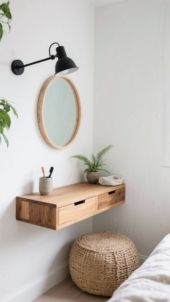 Medium shot, corner angle: A cozy Scandinavian floating vanity nook in a small bedroom. A floating oak shelf with hidden drawer runners spans a narrow wall, topped by a simple round birch-framed mirror that reflects light. A slender matte-black adjustable-arm sconce provides task lighting. Underneath, a woven jute pouf is tucked neatly. Minimal decor: a stoneware cup holding brushes, a tiny potted fern, and a linen catchall. Walls finished in soft white limewash for subtle movement. Palette of honey oak, cloud white, matte black, and sage. Airy, minimalist, plant-accented atmosphere.