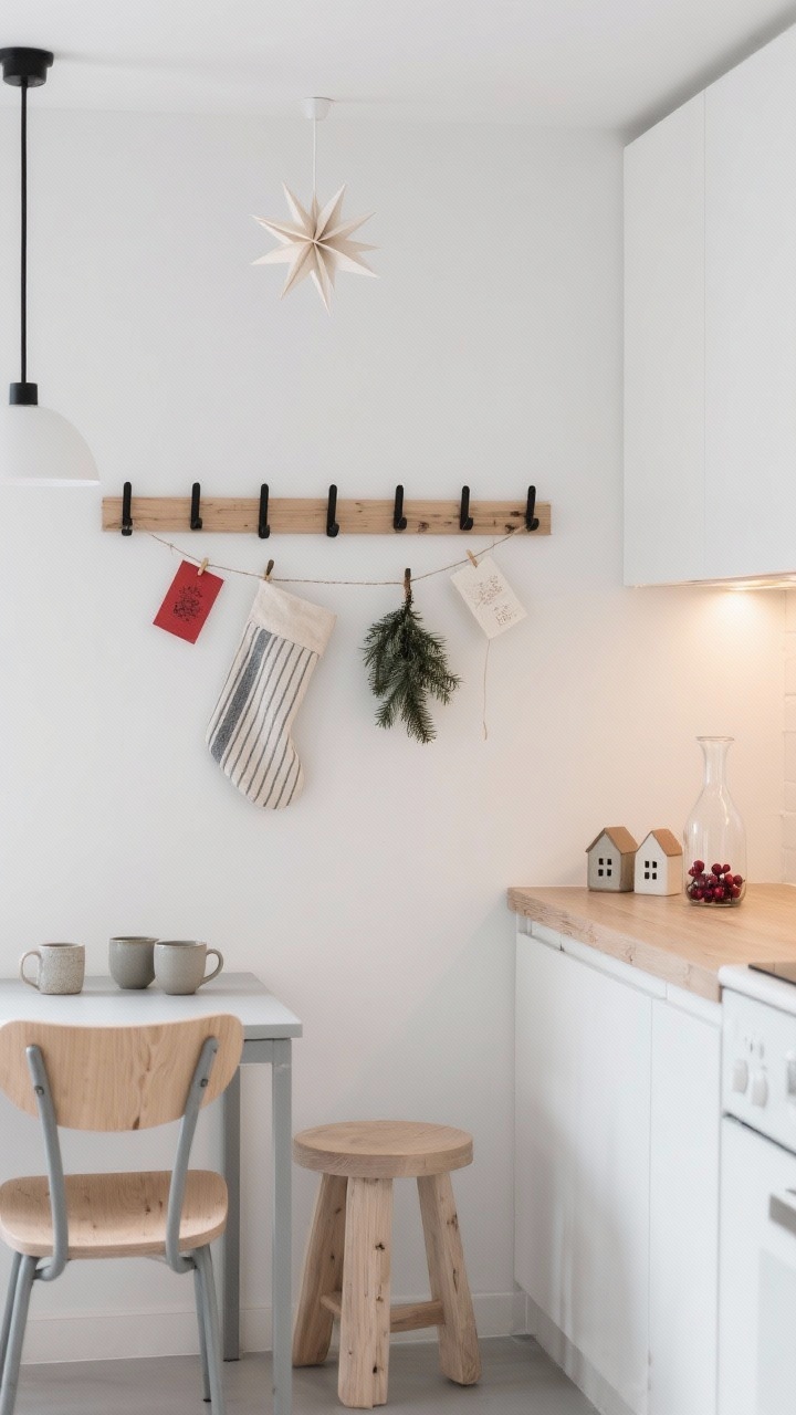 Medium shot, corner angle: A minimal Scandinavian kitchen wall featuring a natural oak peg rail installed along bright white walls with matte black hardware and pale wood accents. Linen stockings, a striped tea towel, and a couple of spruce sprigs hang from the pegs. Holiday cards are threaded onto linen string and draped between pegs with airy spacing. Palette of white, soft gray, and bleached wood, with tiny pops of red from the cards. Include a slim bistro table, wishbone chairs, a pale oak stool, stoneware mugs, small ceramic houses, and a glass carafe with cranberries. Soft glow from a paper star pendant and warm under-cabinet LEDs. Serene, modern, photorealistic, no people.
