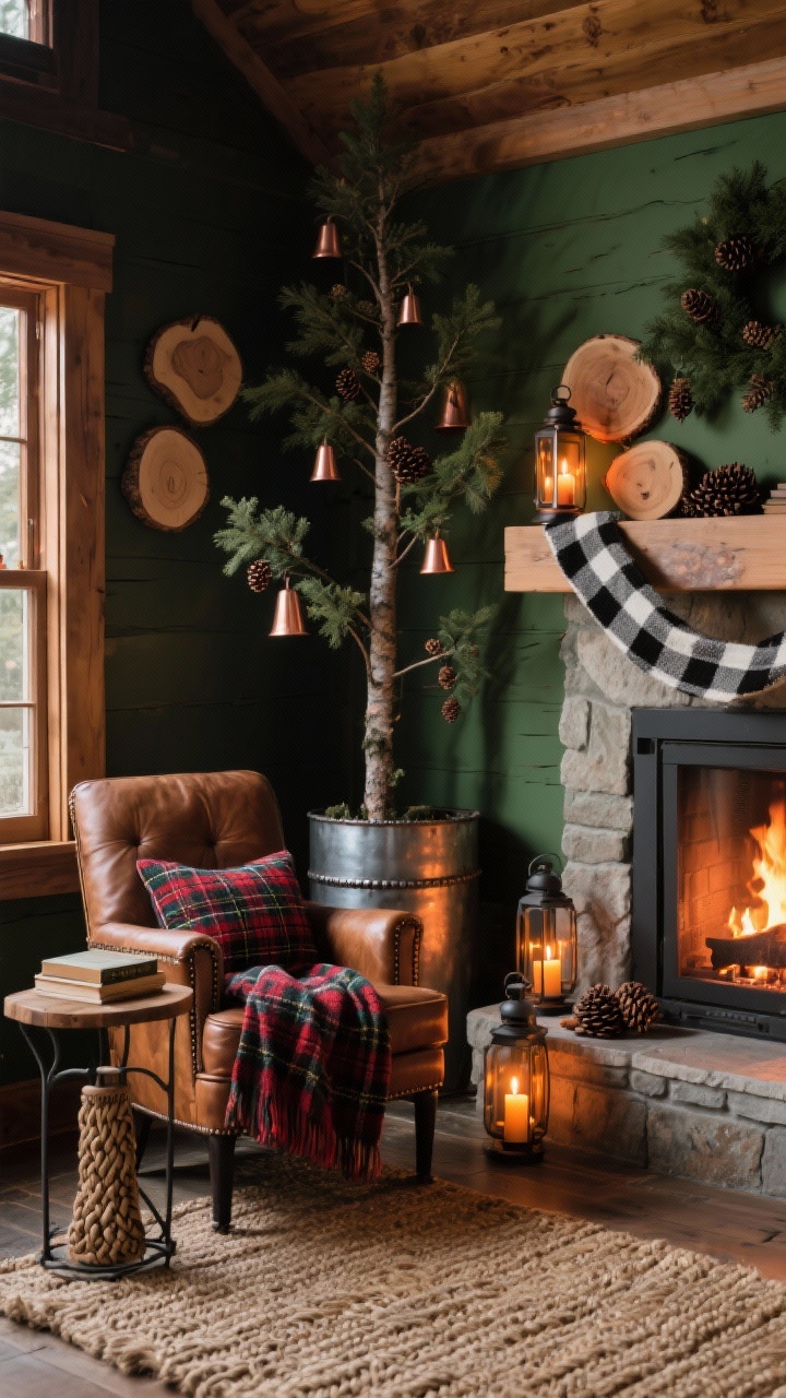 Medium shot corner vignette, photorealistic: A cozy cabin nook near a fireplace with a slim-profile tree adorned in burnished copper, matte black, and tartan accents. Ornaments include wood slices, copper bells, pinecones; a wide black-and-white check ribbon woven in bands. A galvanized metal collar at the base, flanked by lanterns with amber-toned LED candles for layered glow. A leather club chair with a wool plaid throw and a tartan pillow, small iron-and-wood side table topped with classic novels, braided jute rug underfoot. Forest green, copper, black, tartan red palette; lighting reads like firelight—warm and amber. Camera at chair height, three-quarter corner angle emphasizing textures.