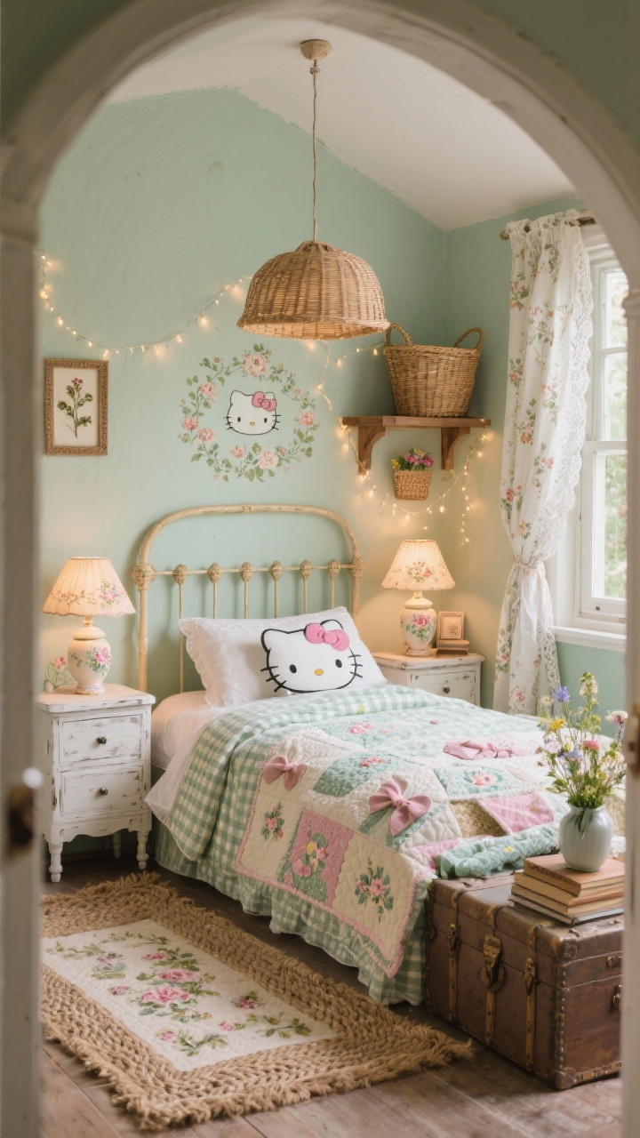 Medium shot, cottagecore cozy Hello Kitty nook: soft sage walls with a tiny floral accent wallpaper behind the bed, cane headboard, spindle nightstands, distressed white dresser; Hello Kitty quilted coverlet sprinkled with petite bows and ditsy flowers, gingham shams; layered rugs—a braided jute base with a smaller floral accent rug on top; rattan pendant overhead, ceramic bedside lamps with floral shades glowing warmly, string lights draped around a wooden shelf; woven baskets by the window, pressed-flower frames, embroidered Hello Kitty cushions, lace-trim curtains, vintage trunk at the foot of the bed, stack of classic books; a window seat piled with quilts and a tiny vase of wildflowers; soothing, storybook charm; photorealistic, angled from the doorway to showcase textures.