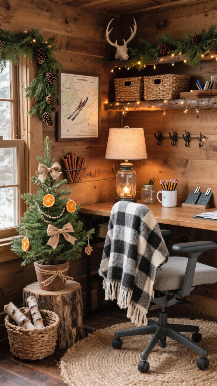 Medium shot, cozy corner angle of a rustic woodland office nook with warm wood, cedar greens, and buffalo check. A chunky plaid throw over the task chair, jute rug underfoot. A potted dwarf spruce on a wood stump riser, decorated with wooden ornaments, dried orange slices, and twine bows. Walls and shelves show a pinecone garland, framed ski map or cabin-style art, and woven baskets for supplies. Desk accents include a mason jar pencil holder, white enamel mug for clips, and a slate coaster set. Nature notes: a basket of birch logs, antler-inspired hooks on the wall, and bundles of cinnamon sticks. A linen-shade lamp provides soft, warm ambient light, plus warm fairy lights inside a lantern. Comforting, lodge-like mood, photorealistic.