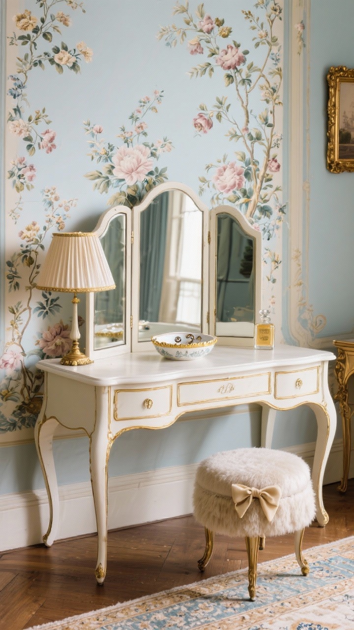 Medium shot, elegant vignette: Vintage Parisian dressing table scene. A cream curved-legged dressing table with subtle gold edging sits before a framed panel of floral toile or chinoiserie wallpaper, creating a refined statement backdrop. On the tabletop: a triptych tabletop mirror, a petite pleated silk lamp with a tiny shade, a gold-rimmed porcelain ring dish, and a mohair-upholstered stool with a bow-tied skirt tucked underneath. Accents include a gilded picture frame and a vintage perfume bottle. A petite Persian-style rug warms the floor. Palette of cream, powder blue, antique gold, and dusty rose. Romantic, theatrical mood with soft, flattering light.
