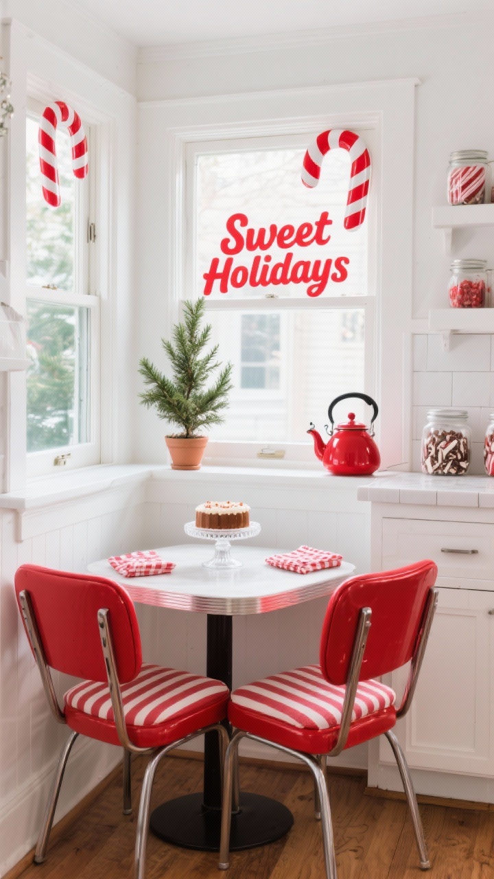 Medium shot from a corner angle: A cheerful kitchen nook with windows framed by glossy red-and-white striped candy cane clings and a “Sweet Holidays” script in glossy red at the center pane. A small café table with cherry-red chairs, striped seat cushions, and gingham napkins; a milk-glass cake stand on the tabletop. On the sill, a small potted rosemary tree. A red kettle on the nearby counter and jars of peppermint bark. Crisp white walls, candy red accents, touch of evergreen; bright morning light; retro, playful vibe; photorealistic.