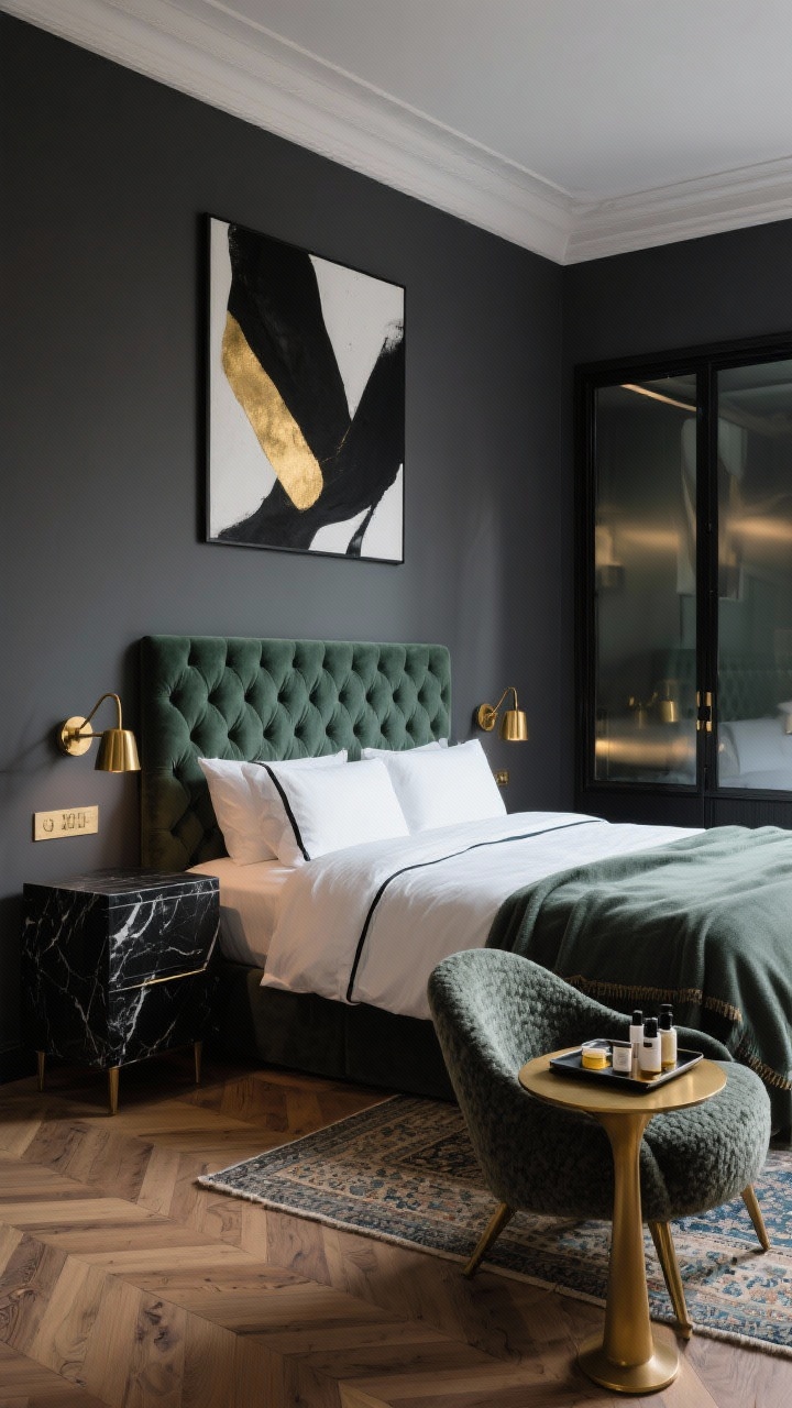 Medium shot from a corner angle: Boutique hotel luxe bedroom with deep charcoal gray walls and a tufted velvet headboard in slate or forest green. Bed made with crisp white sateen bedding with a dark piped edge, layered with a plush cashmere throw. Black marble nightstands on either side, each with brass swing-arm sconces. Herringbone wood floors partially covered by a low-pile Persian rug. Curved boucle chair paired with a brass side table, large-scale abstract art in black, white, and gold. Smoked-glass wardrobe, black-framed mirror, and a tray of mini toiletries. Dim, moody lighting with warm brass highlights, photorealistic.