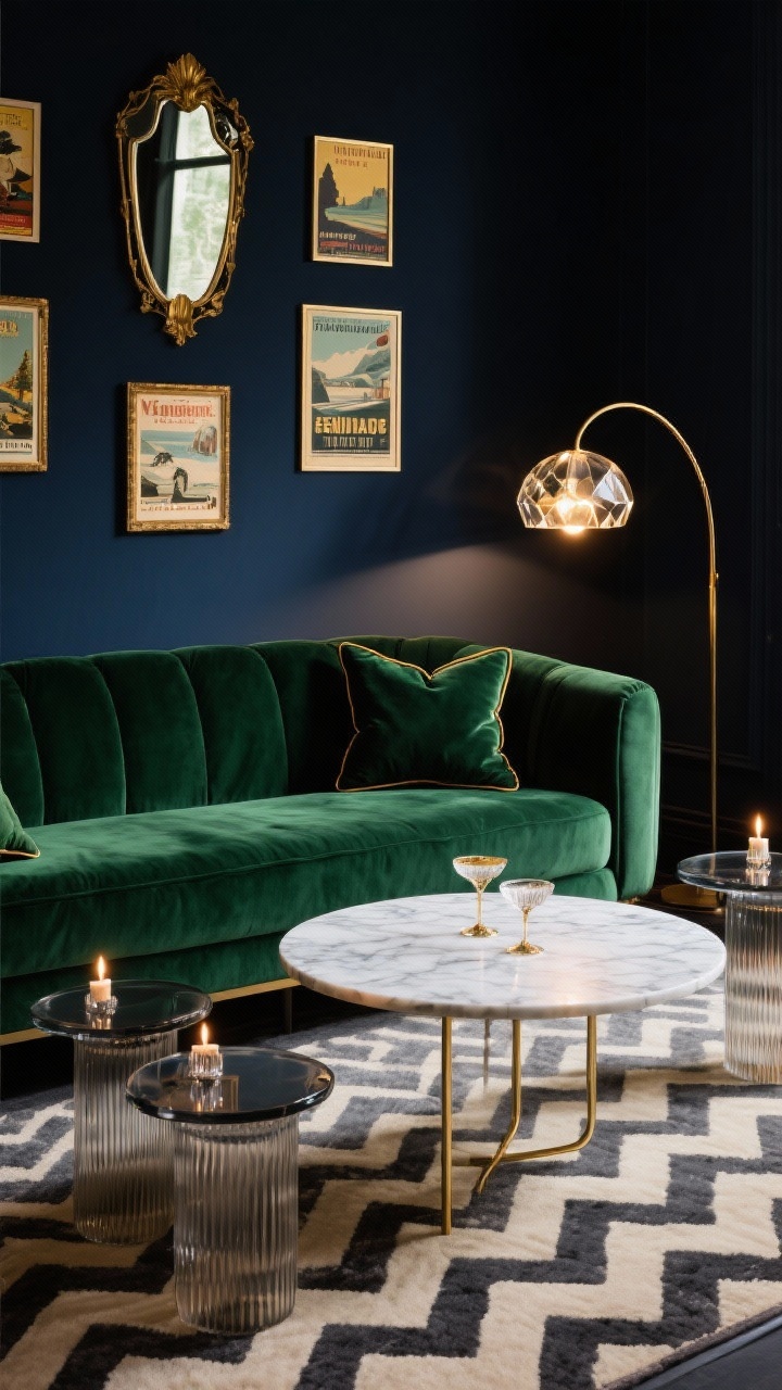 Medium shot from a corner angle, Moody Art Deco Glam: A forest-green velvet sofa against inky midnight-blue walls (nearly black at the edges), glowing under layered low lighting. In front sits a round marble coffee table with a thin brass base; to the side, a sculptural arc lamp with a glowing dome shade. Chevron-patterned rug in cream and charcoal beneath. Smoked glass nesting tables hold ribbed glass candleholders. On the wall, a tight gallery of vintage travel posters in brass frames with a faceted mirror reflecting the scene. Velvet cushions with piping on the sofa. Cocktail-ready, cinematic mood with warm pools of light. Photorealistic.