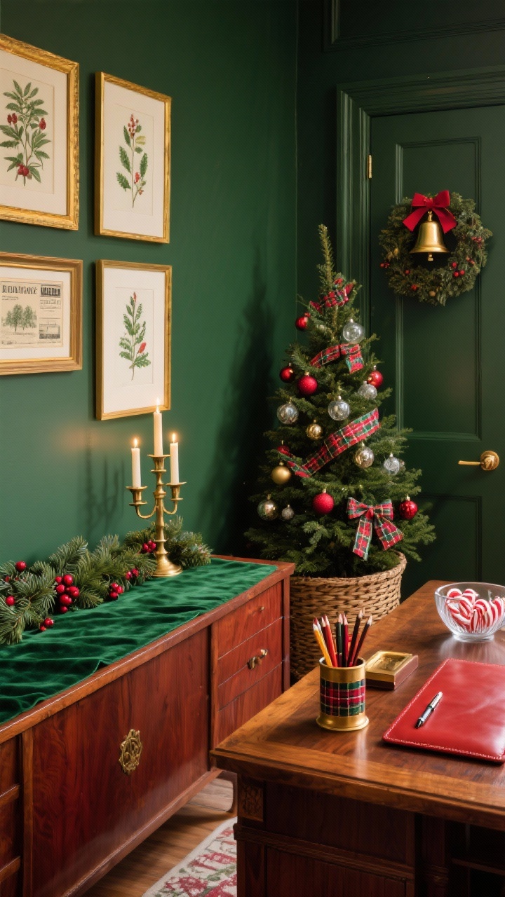 Medium shot from a corner angle of a classic heritage office vignette in deep pine green, cranberry red, antique brass, walnut wood, and warm leather. A green velvet runner stretches across a walnut credenza, layered with a cedar-and-berry garland and brass candlesticks with LED tapers. Nearby, a medium evergreen tree in a woven basket dressed with plaid ribbons and vintage-style glass baubles. On the desk: a red leather blotter, brass pen cup, and a tartan mug holding pencils. Walls feature framed holiday botanical prints or vintage postage art in gold frames. Add a brass bell wreath on the door and a glass bowl of peppermint candies. Warm, polished, nostalgic lighting, photorealistic.