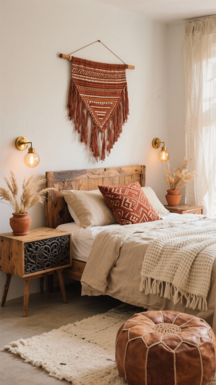 Medium shot from a corner angle of an eclectic boho bedroom: sand-colored linen duvet on the bed, layered with rust-toned adire Euro shams and a patterned lumbar pillow; vintage wood headboard; mismatched nightstands—one mid-century, one artisan carved—topped with terracotta pots and dried grasses; brass globe sconces with warm bulbs casting soft, cozy light; above the bed, an adire wall hanging on a slim wooden dowel; cream waffle blanket folded at the foot; lightweight gauze curtains filtering sunlight; low-pile cream rug and a natural leather pouf; palette of clay, sand, rust, cream, and hints of charcoal; photorealistic, warm, tactile mood.
