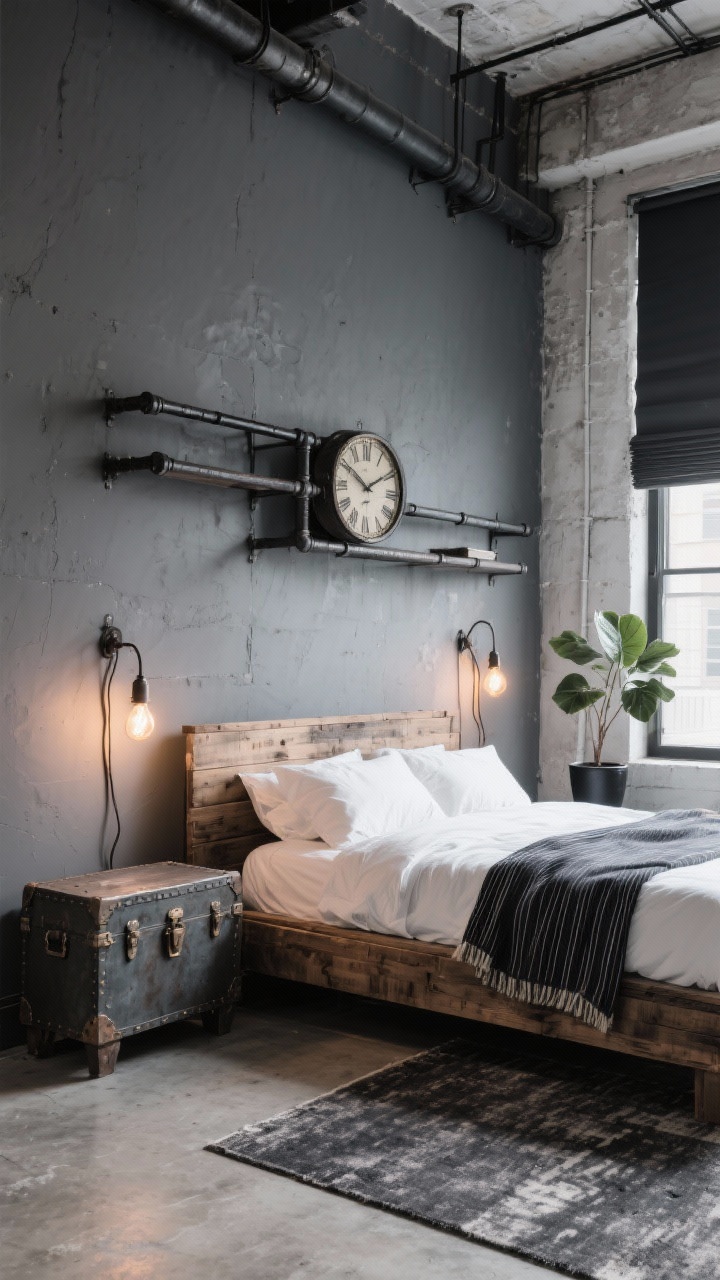 Medium shot from a loft corner: Industrial loft edge bedroom featuring a matte iron grey accent wall behind a reclaimed wood platform bed, other walls in soft grey; black steel pipe shelving, a vintage factory clock, a metal trunk used as a nightstand; bedding in crisp white with a charcoal pinstripe throw; Edison bulb sconces with exposed cords providing warm glow; concrete-look rug on the floor, a charcoal blackout roller shade on the window, and a single leafy plant in a black pot; textures of raw wood, metal, canvas, and concrete; urban, gritty mood, photorealistic.