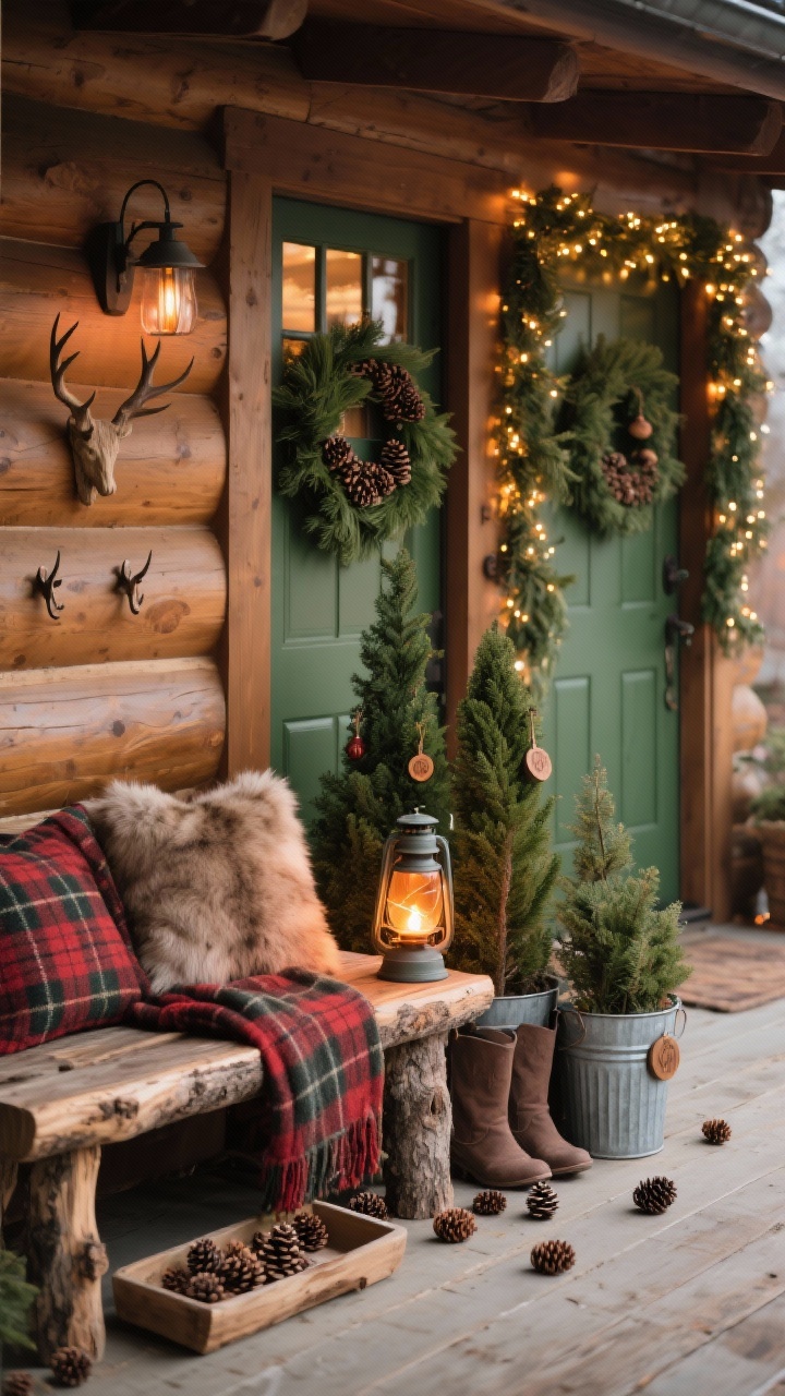 Medium shot from a slight side angle of a cozy cabin-style porch scene: rustic bench layered with a chunky plaid throw and faux fur pillows; a log side table holding a lantern emitting a warm amber glow; a cedar and pinecone wreath on the door framed by twinkle-lit garland; a mini forest cluster of varying-height evergreen topiaries in galvanized buckets sprinkled with wooden ornaments. Include pinecones scattered, antler-inspired hooks on the wall, and a plaid boot tray near the door. Color palette: forest green, cranberry, caramel wood tones. Warm twinkle lights, lodge-like atmosphere, photorealistic.