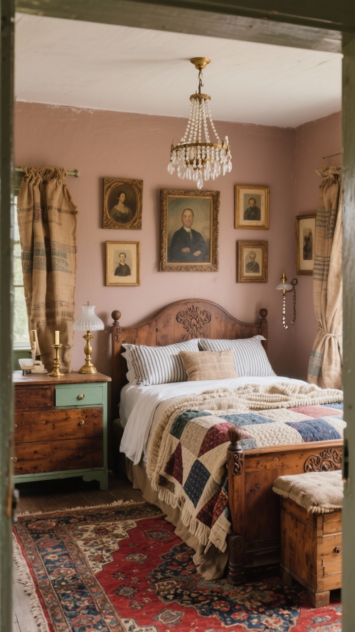 Medium shot from doorway angle capturing layered decor: A collected vintage farmhouse bedroom with mushroom-colored walls and a carved wooden bed showing authentic patina. Mixed woods: walnut dresser, painted sage nightstand, pine blanket chest. Bedding layered with pieced-pattern quilts, ticking stripe pillowcases, and a heavy knit throw. Gallery wall of antique frames with old oil portraits, brass candlesticks on the dresser. Milk-glass lamps with pull chains, a beaded chandelier overhead casting warm light. A timeworn Persian rug with reds and indigos, and curtain panels made from vintage grain sacks. Curated, storied, imperfect charm. Photorealistic, no people.