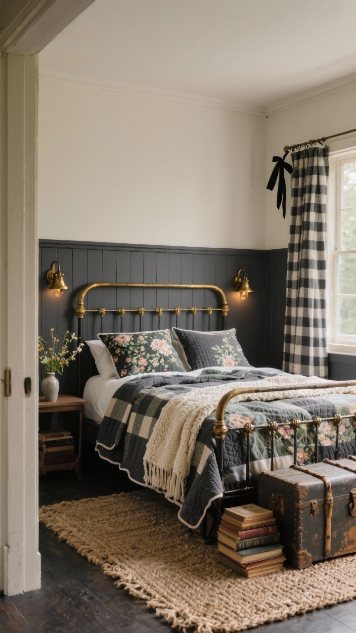 Medium shot from doorway: Cozy cottage noir bedroom with dark grey board-and-batten on the lower half of walls and soft putty paint above; a classic iron bed layered with quilts—charcoal gingham shams, a floral quilt in muted tones, and a cream woven throw; antiqued brass sconces flanking the bed, a timeworn trunk at the foot, a stack of vintage books; gingham curtains with black ribbon tiebacks at the window; hand-braided jute rug on the floor and a small vase of wildflowers on a bedside table; palette of deep charcoal, putty, cream, muted sage, brass; warm ambient lighting, photorealistic.