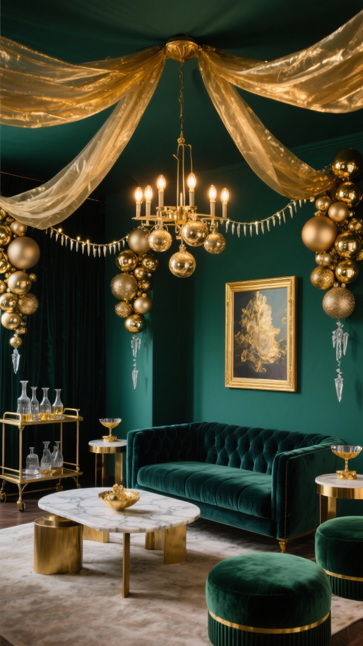 Medium shot, Gilded Ballroom Glam: A dramatic living room corner with deep emerald walls, a plush navy velvet sofa, and gold-framed art. From a central light fixture, gold organza ribbon swags out to the four room corners, creating a tented ceiling effect. At each swag point hang clusters of oversized glossy ornaments in gold and champagne, sizes varying from 2 to 8 inches, forming a modern chandelier feel. Lighting features dimmable chandelier bulbs with warm Edison tones and icicle lights tracing along the ribbon. Include a marble coffee table, brass side tables, and velvet ottomans in forest green; a styled bar cart with glass decanters and gold-rimmed coupes glimmers in the background. Photorealistic, moody-luxe ambiance, straight-on angle.